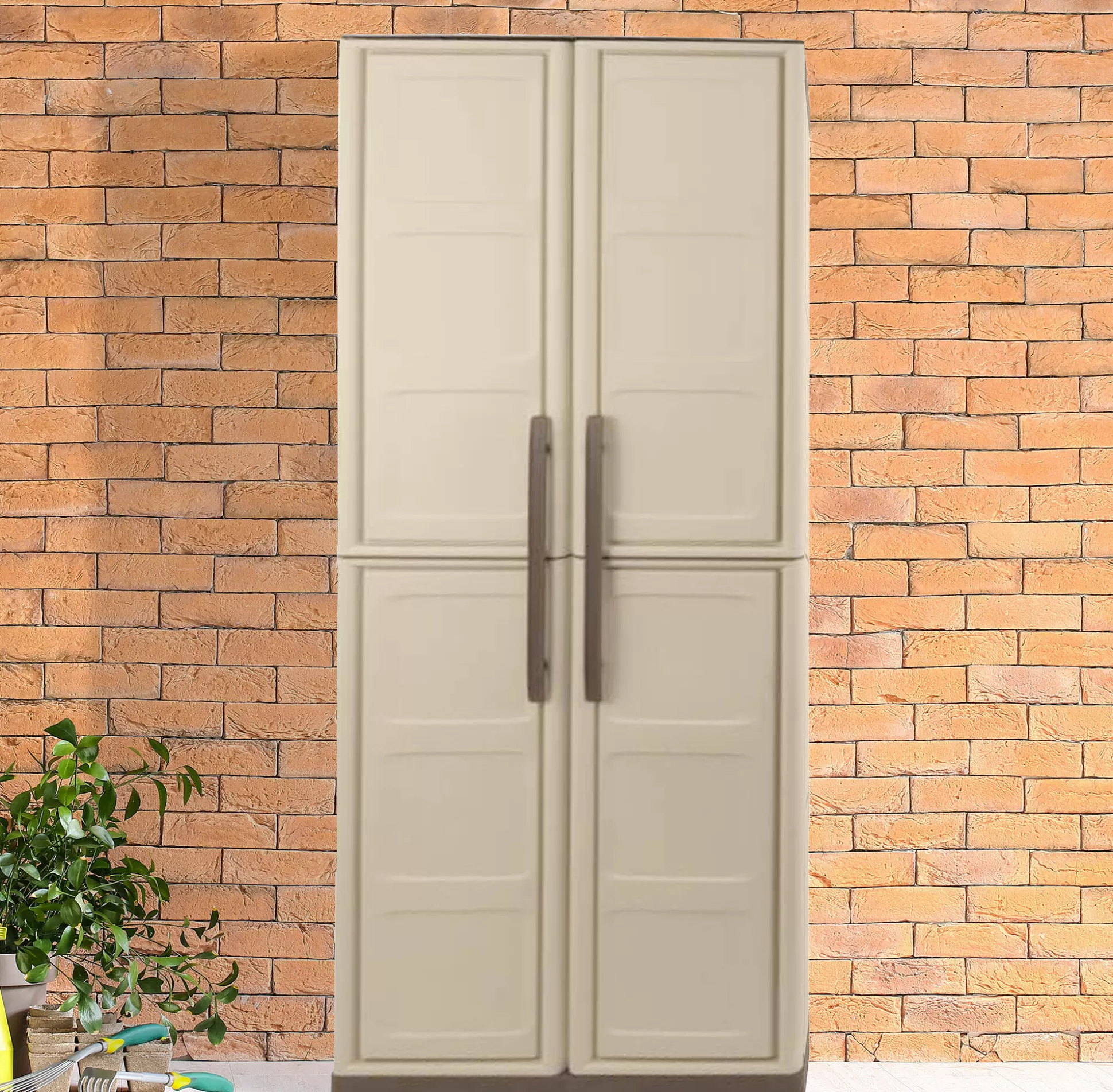 Dmora Armadi Da Esterno<Armadio da esterno Adenina, Beige e Marrone, 70x39h165 cm Finitura quadri