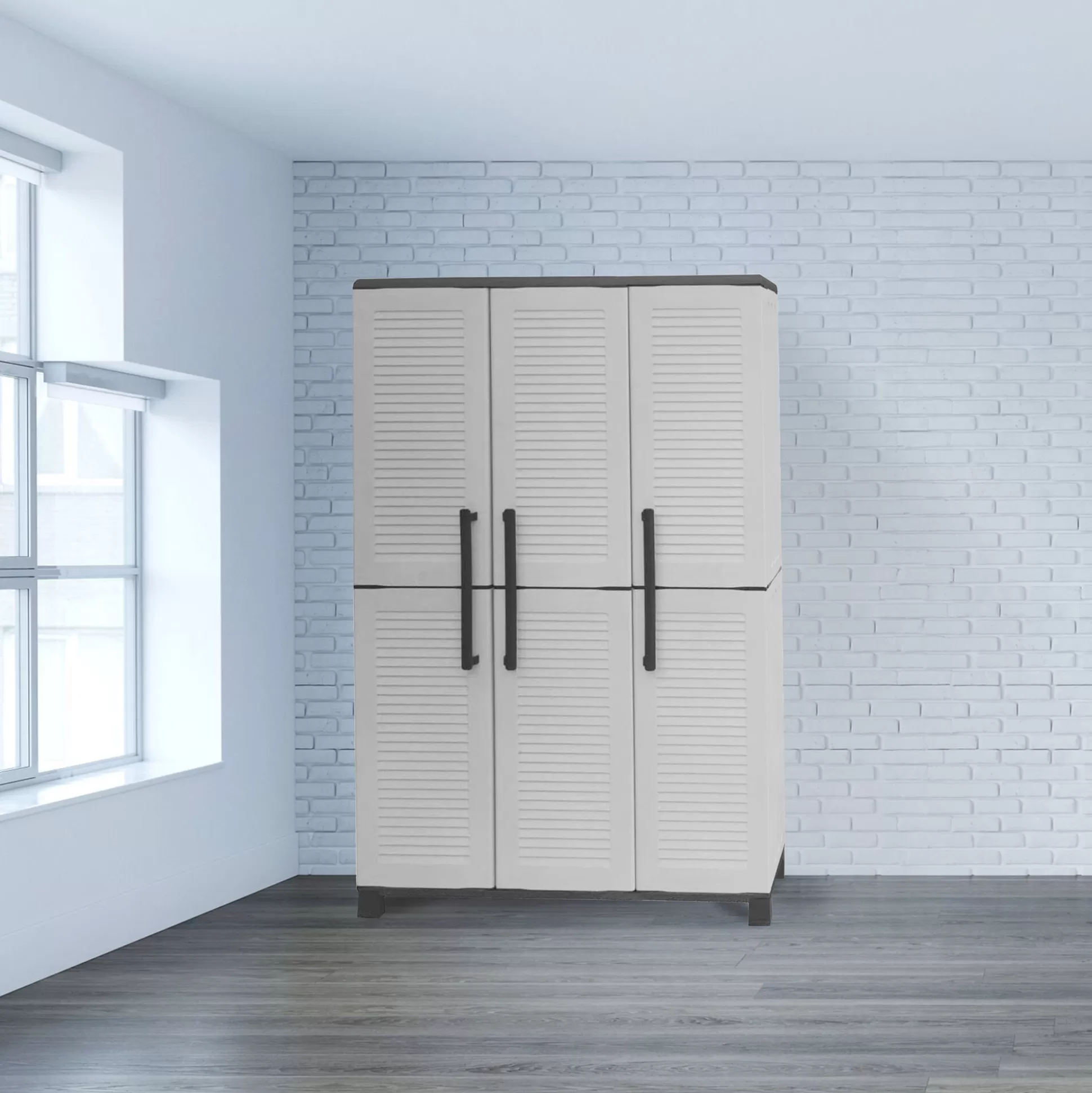 Dmora Armadi Da Esterno<Armadio da esterno Aruro, 102x37h169 cm, Grigio chiaro e Nero Finitura righe