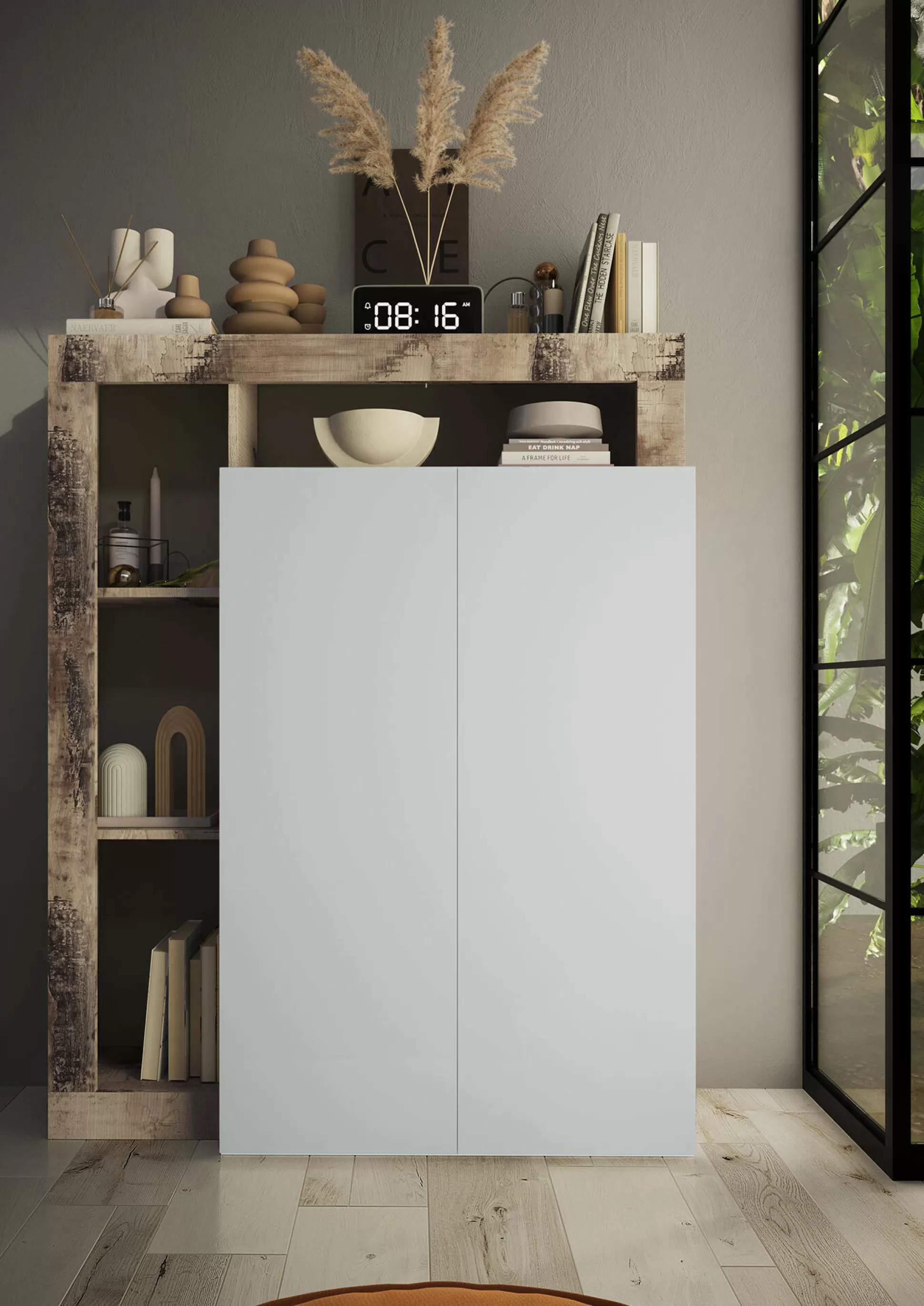 Dmora Armadi Multiuso 2 Ante<Armadio multiuso 2 ante Dbea, 78x35 h116 cm, Bianco lucido e Rovere