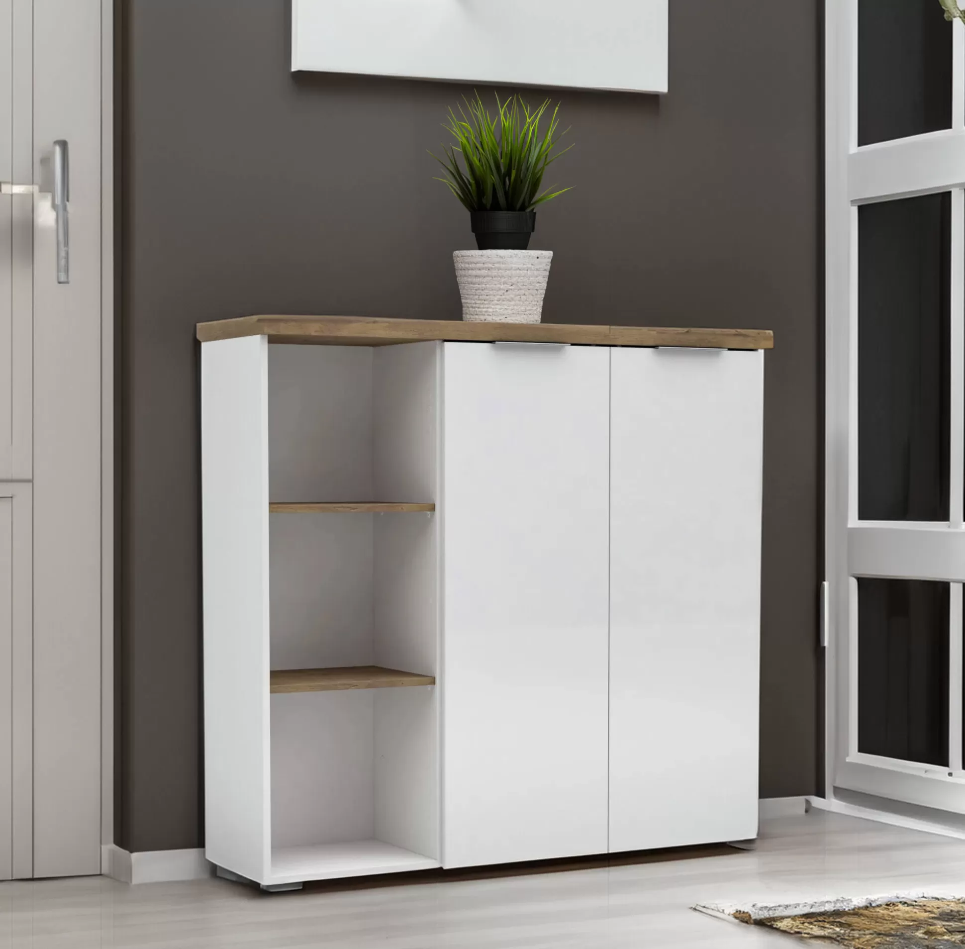 Dmora Armadi Multiuso 2 Ante<Armadio multiuso 2 ante Ddigennar, 120x34h115 cm, Bianco lucido e Rovere