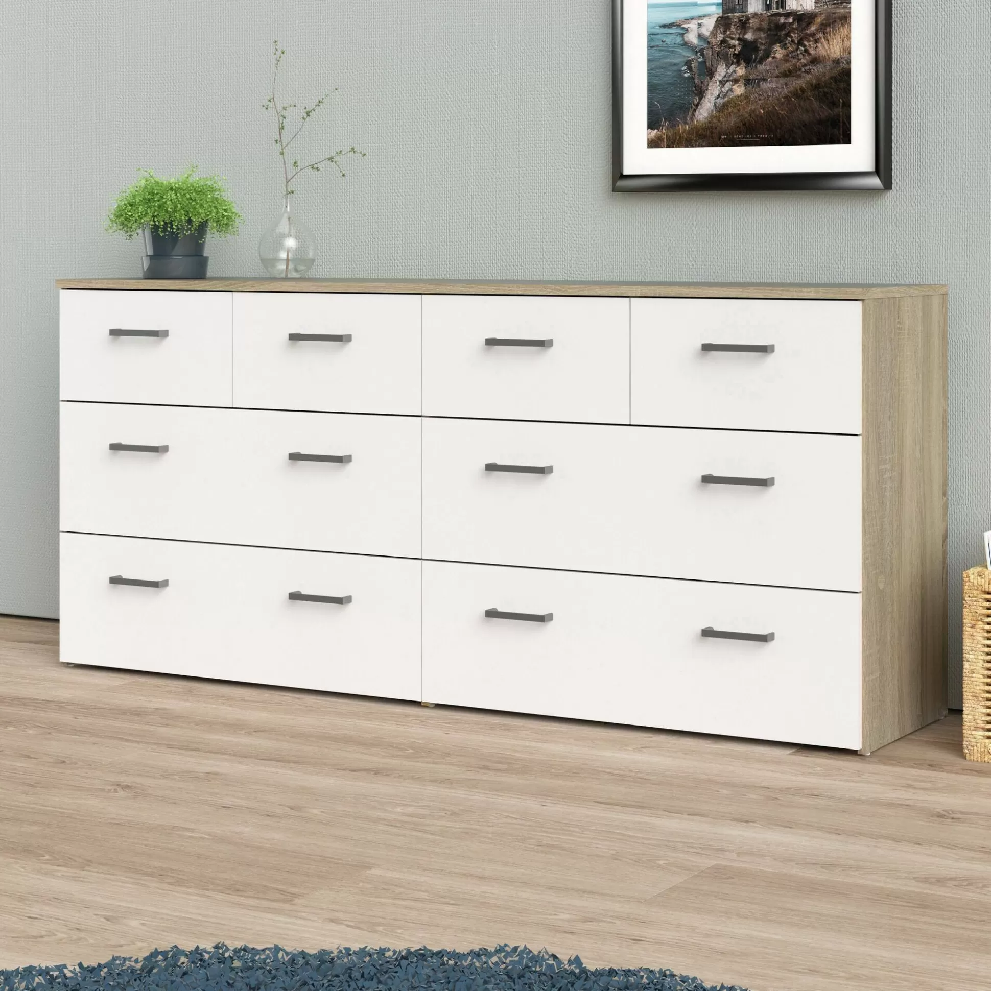 Dmora Cassettiere<Cassettiera Lista, 36x147 h67 cm, Quercia e Bianco