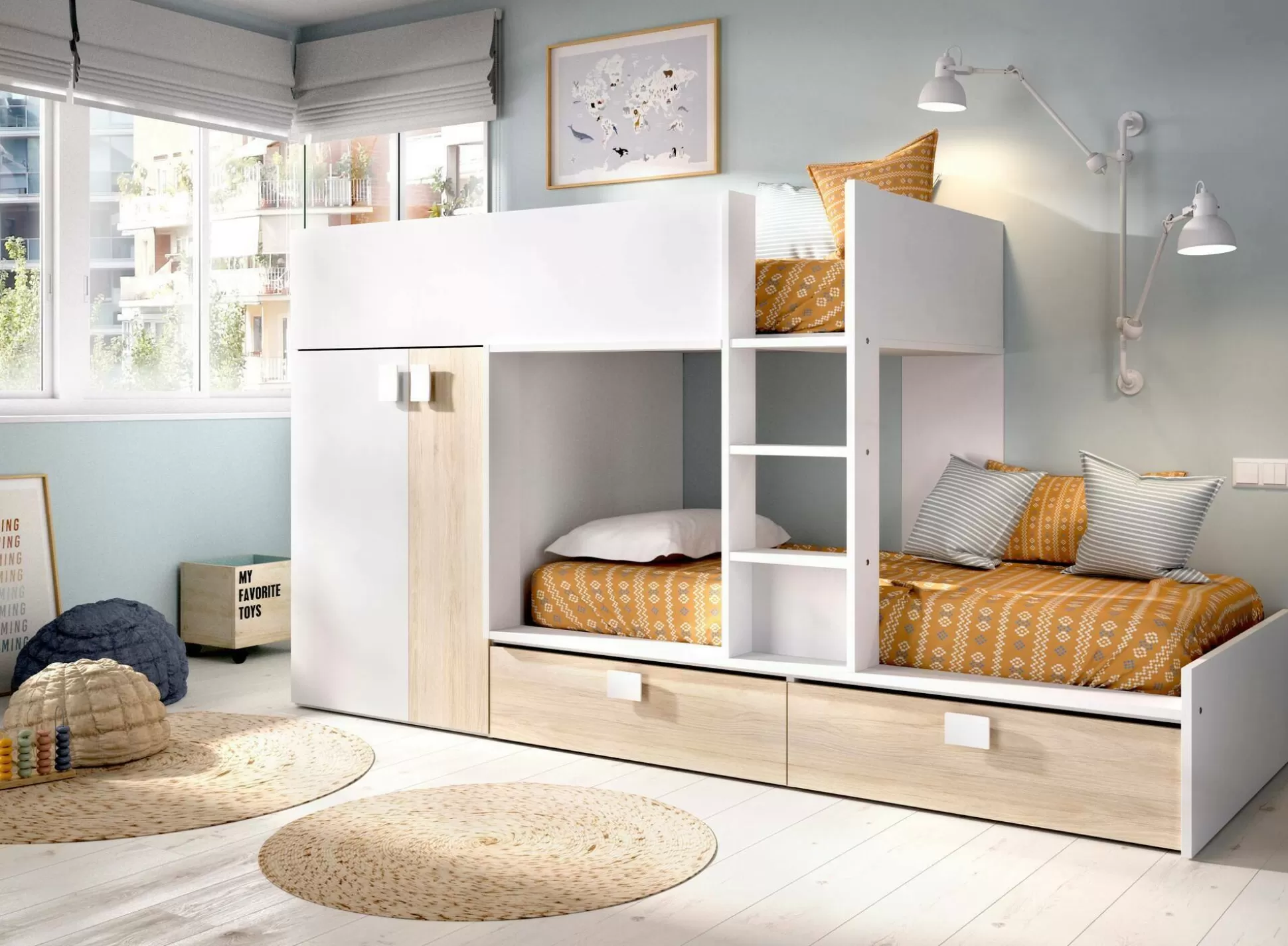 Dmora Composizioni Camera Da Letto<Composizione camera da letto Acerola, 275x108h150 cm, Bianco e Rovere