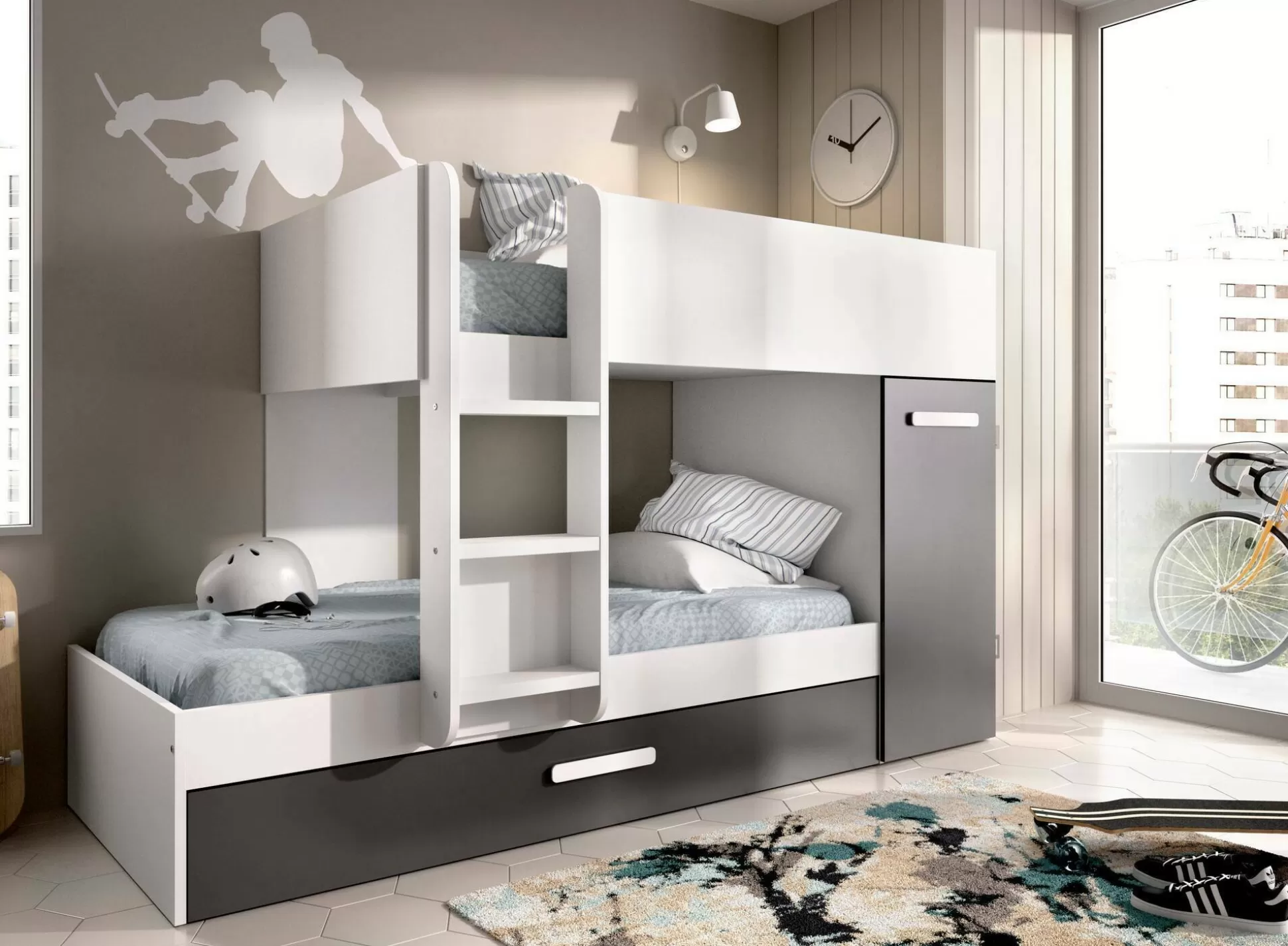 Dmora Composizioni Camera Da Letto<Composizione camera da letto Agle, 244x112h150 cm, Bianco e Antracite