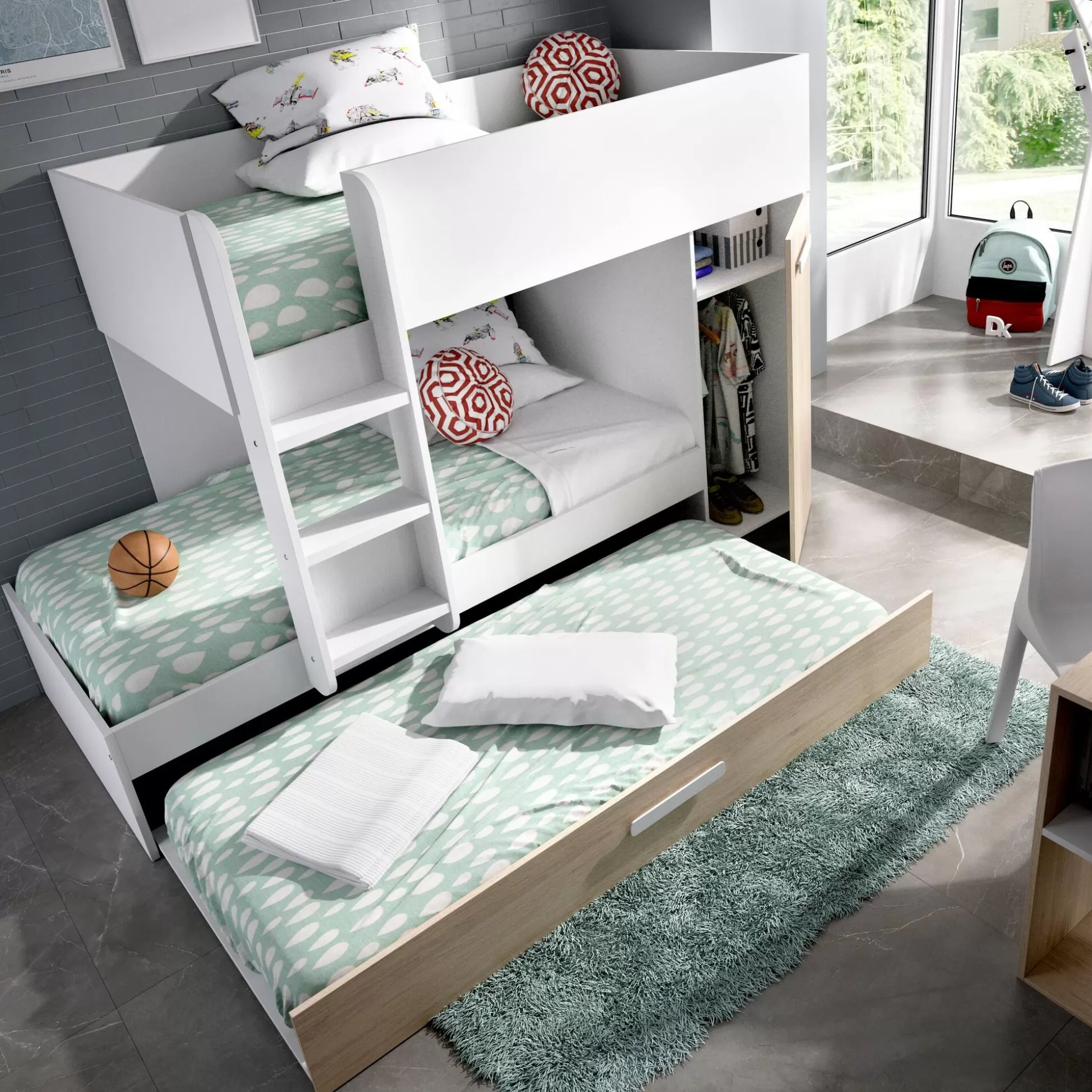 Dmora Composizioni Camera Da Letto<Composizione camera da letto Agle, 244x112h150 cm, Rovere e Bianco