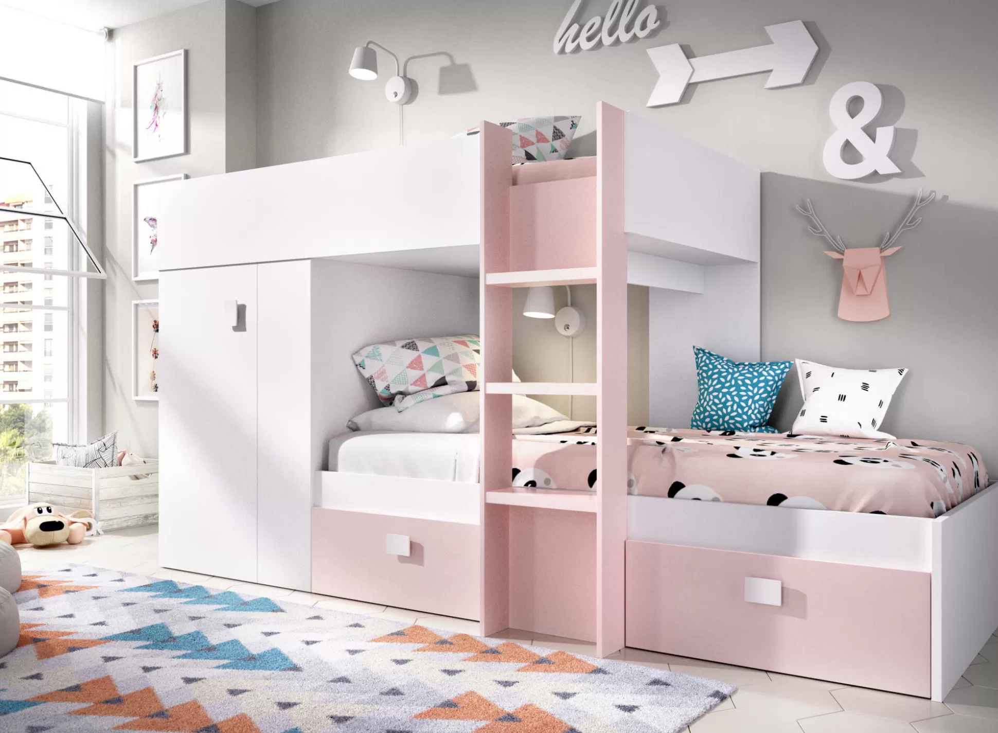 Dmora Composizioni Camera Da Letto<Composizione camera da letto Araba, 271x111h150 cm, Bianco e Rosa