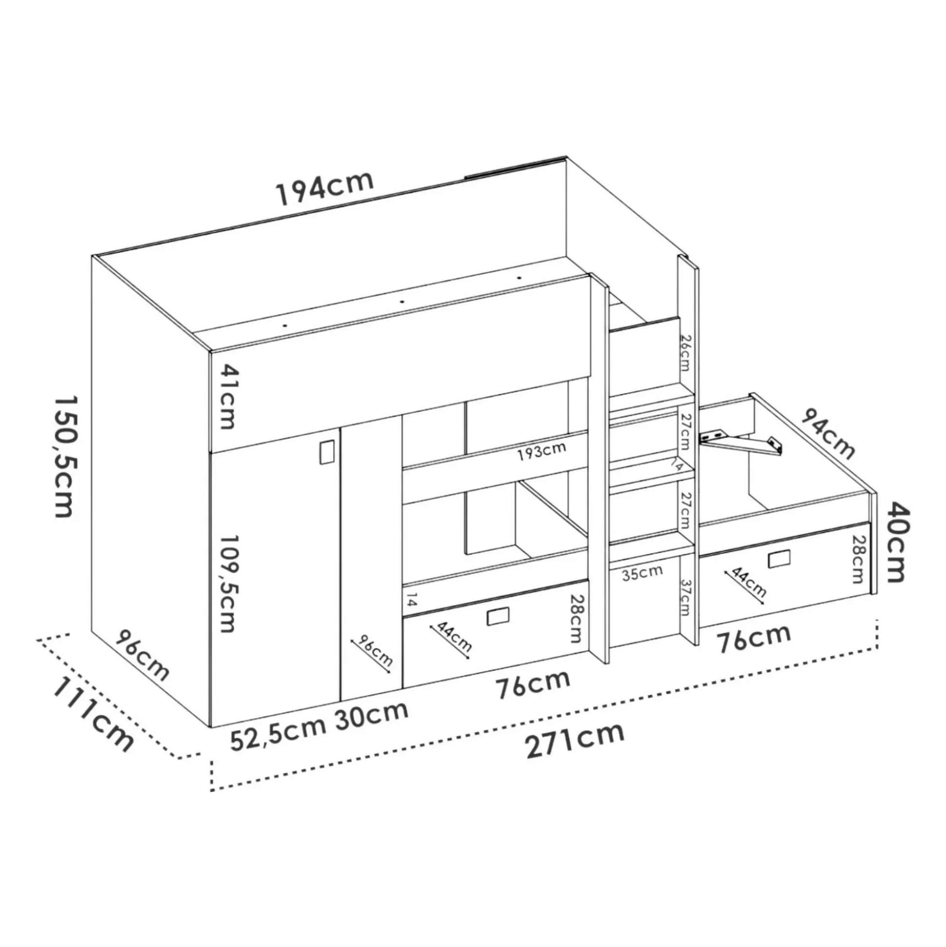 Dmora Composizioni Camera Da Letto<Composizione camera da letto Araba, 271x111h150 cm, Bianco e Rovere
