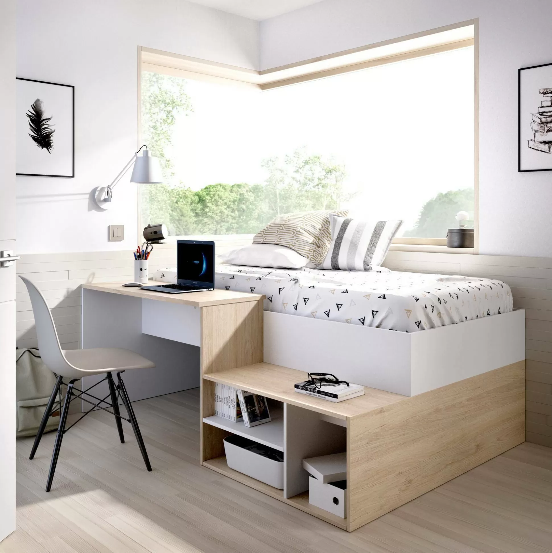 Dmora Composizioni Camera Da Letto<Composizione camera da letto Argh, 195x134h73 cm, Bianco e Rovere