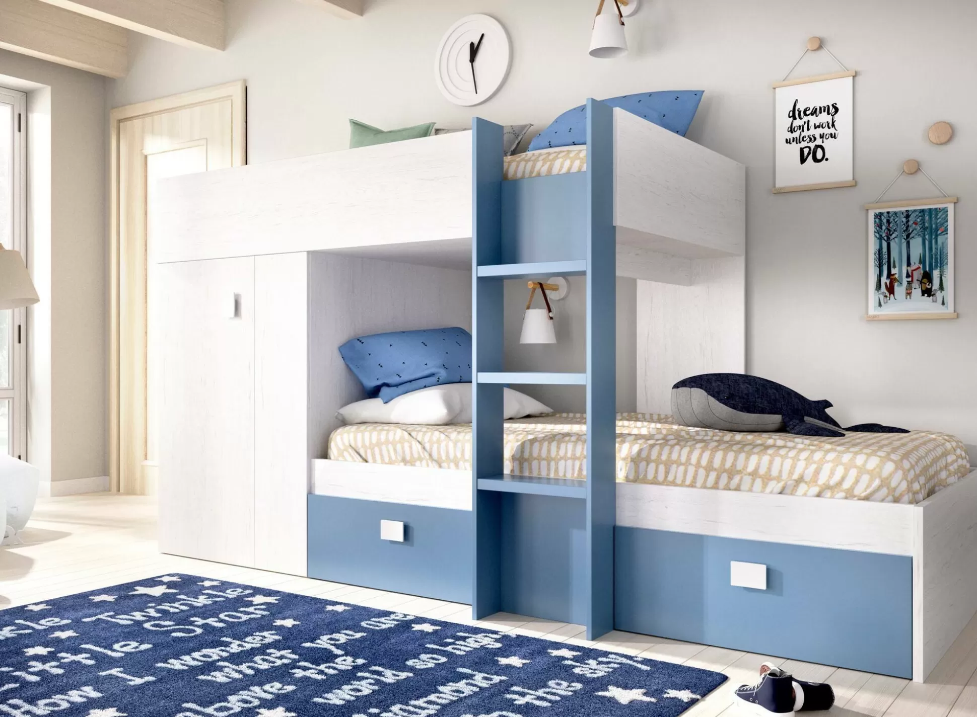 Dmora Composizioni Camera Da Letto<Composizione camera da letto Dbajram, 271x111h150 cm, Bianco e Blu