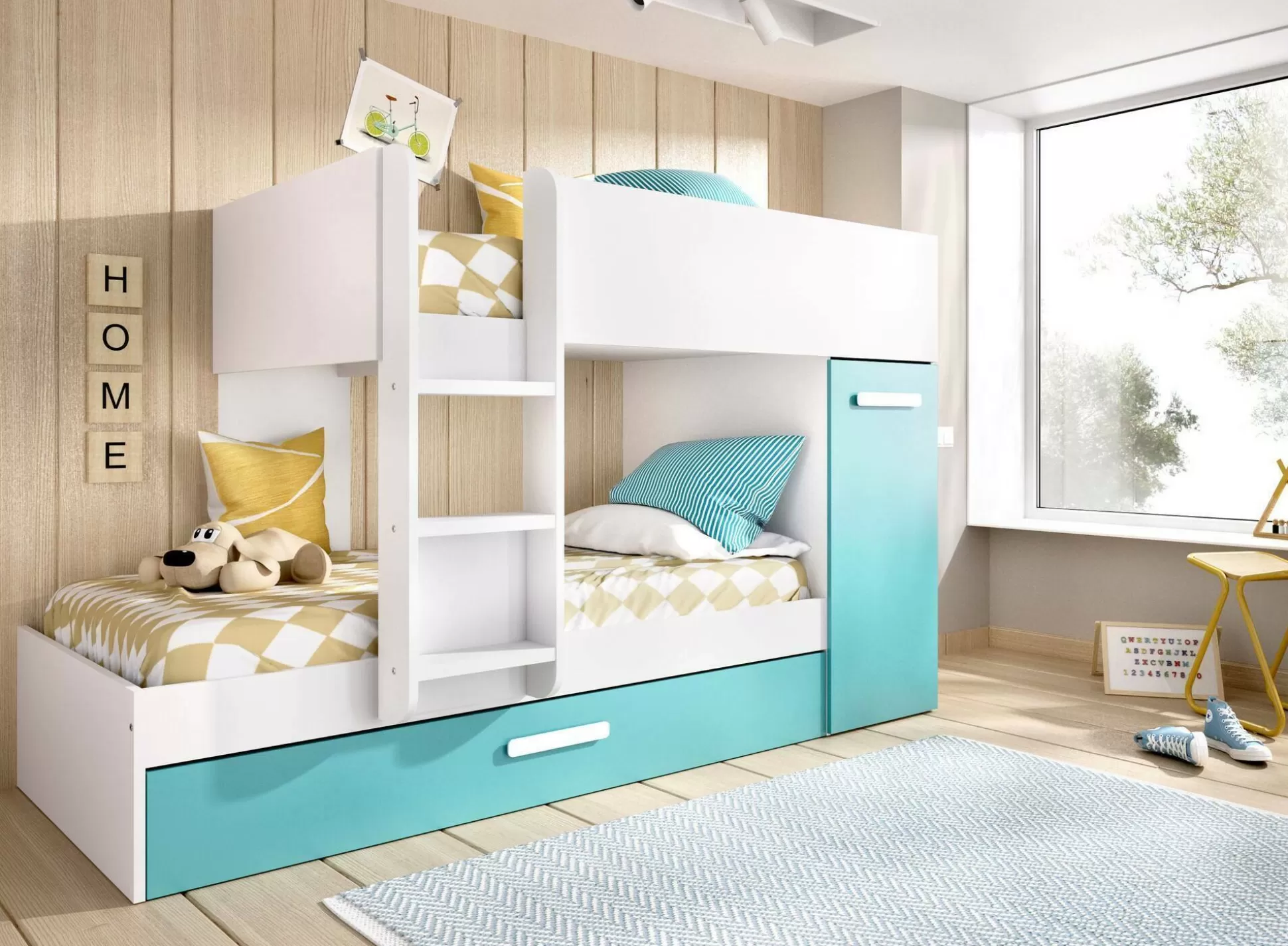 Dmora Composizioni Camera Da Letto<Composizione camera da letto Hikaa, 244x112 h150 cm, Azzurro e Bianco