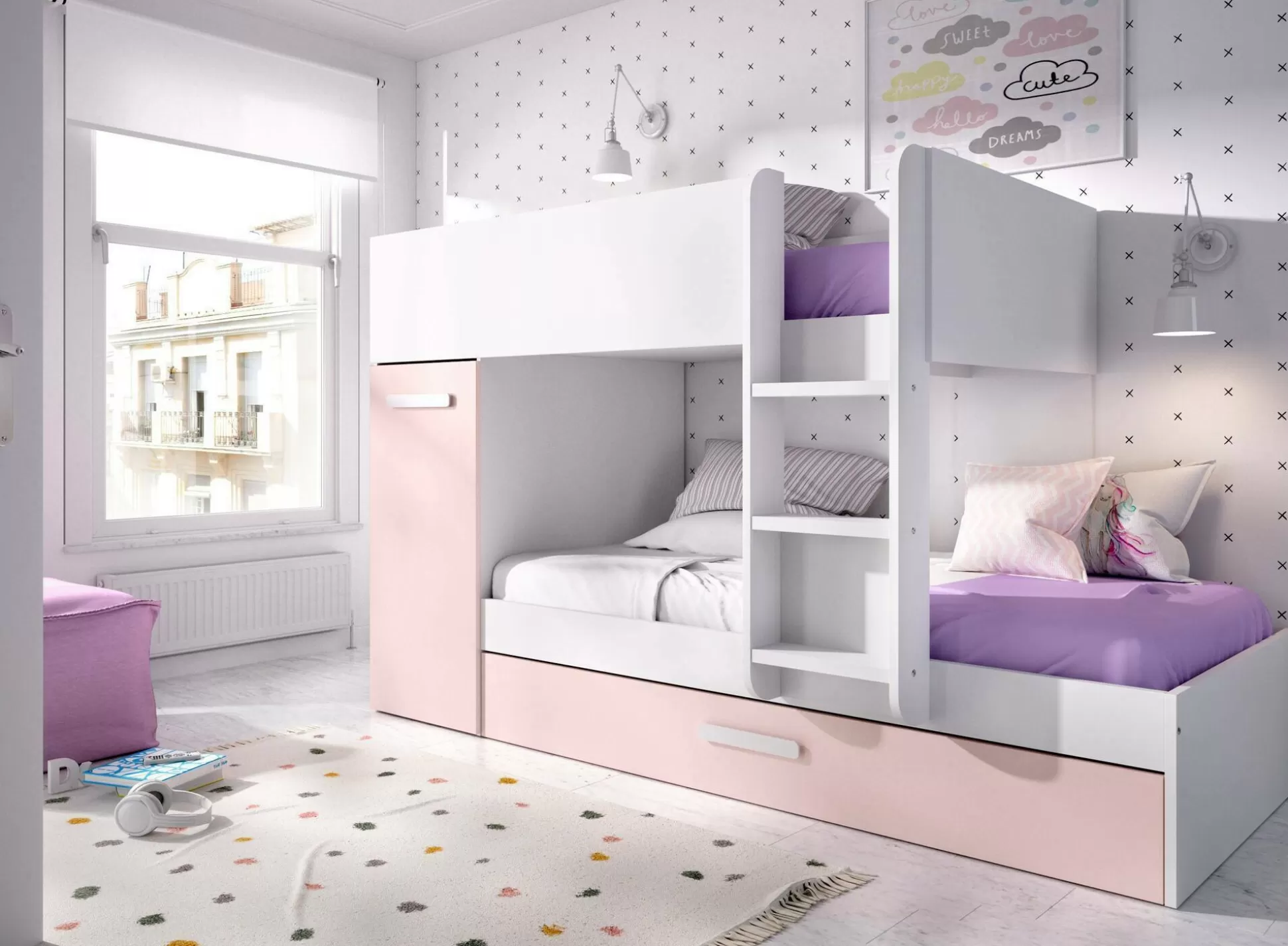 Dmora Composizioni Camera Da Letto<Composizione camera da letto Hikaa, 244x112 h150 cm, Bianco e Rosa