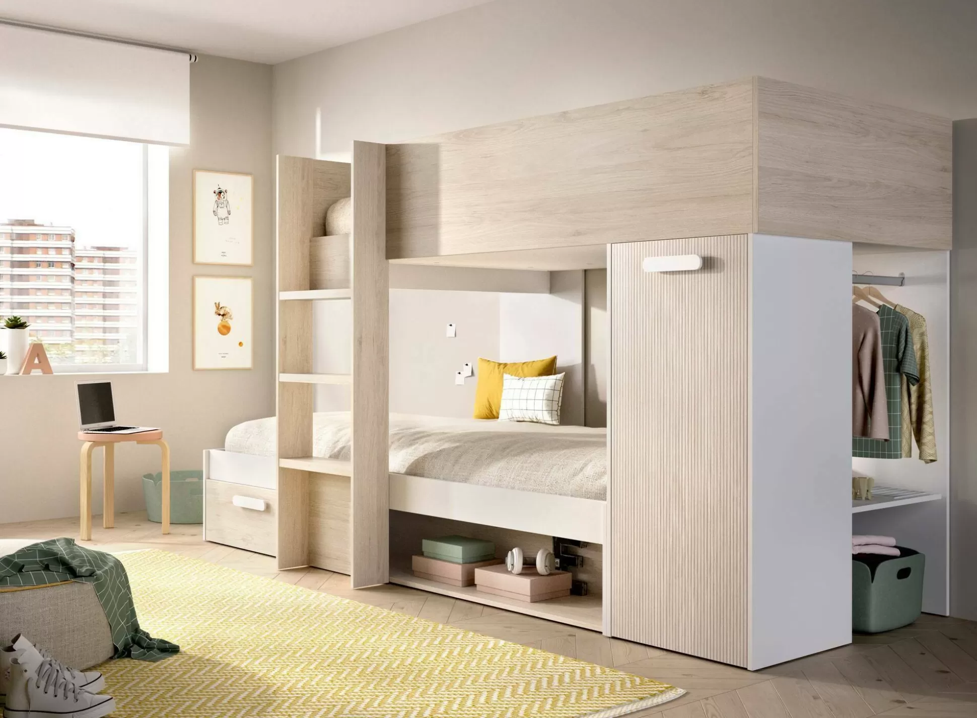 Dmora Composizioni Camera Da Letto<Composizione camera da letto Pinus, 246x112 h150 cm, Bianco e Rovere