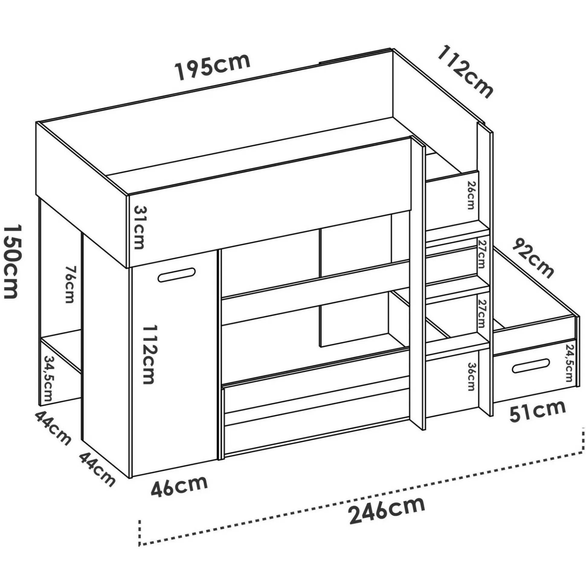 Dmora Composizioni Camera Da Letto<Composizione camera da letto Pinus, 246x112 h150 cm, Bianco e Rovere