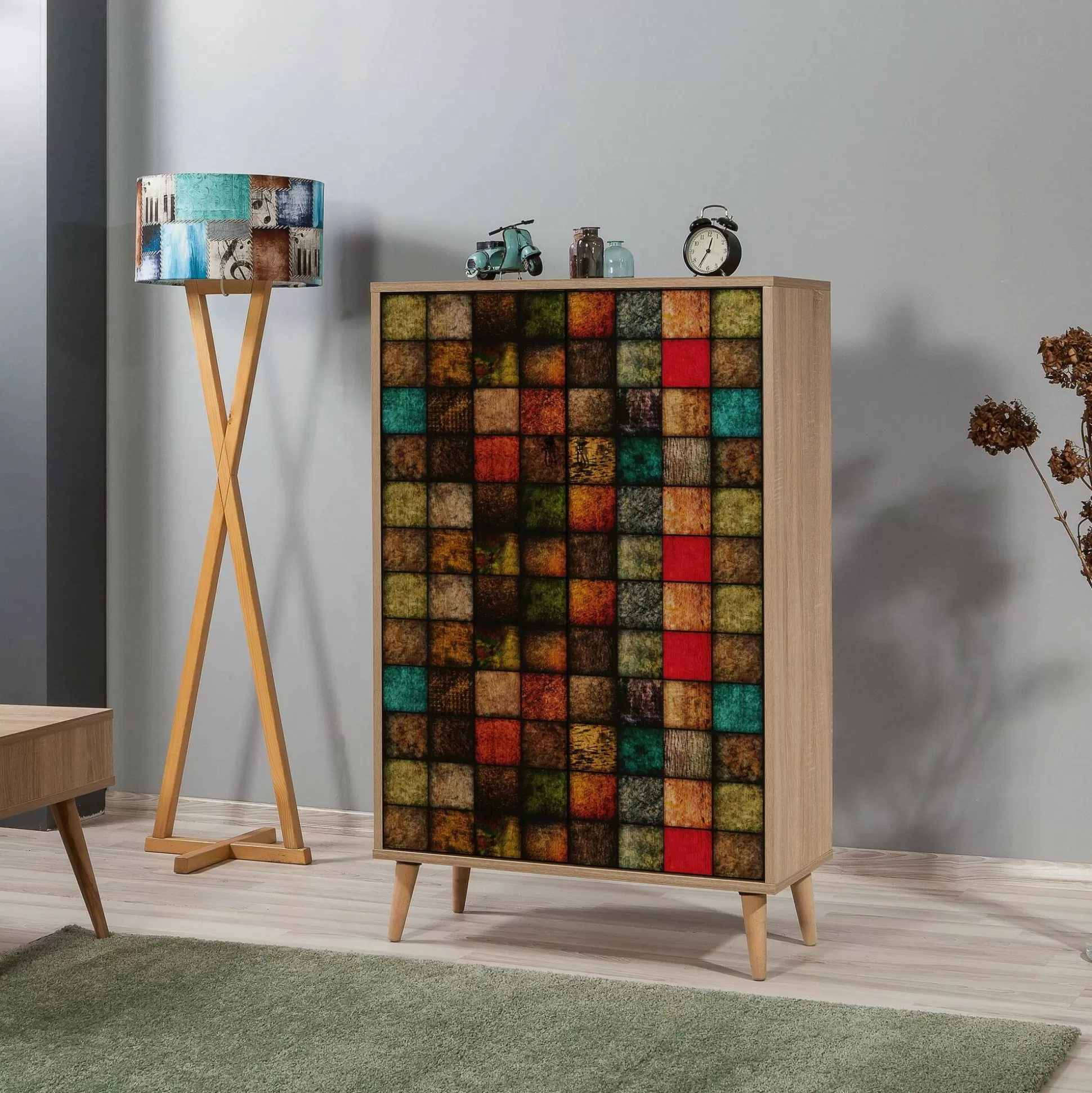 Dmora Credenze<Credenza Andalusite, 80x36h127 cm, Quercia e Multicolore