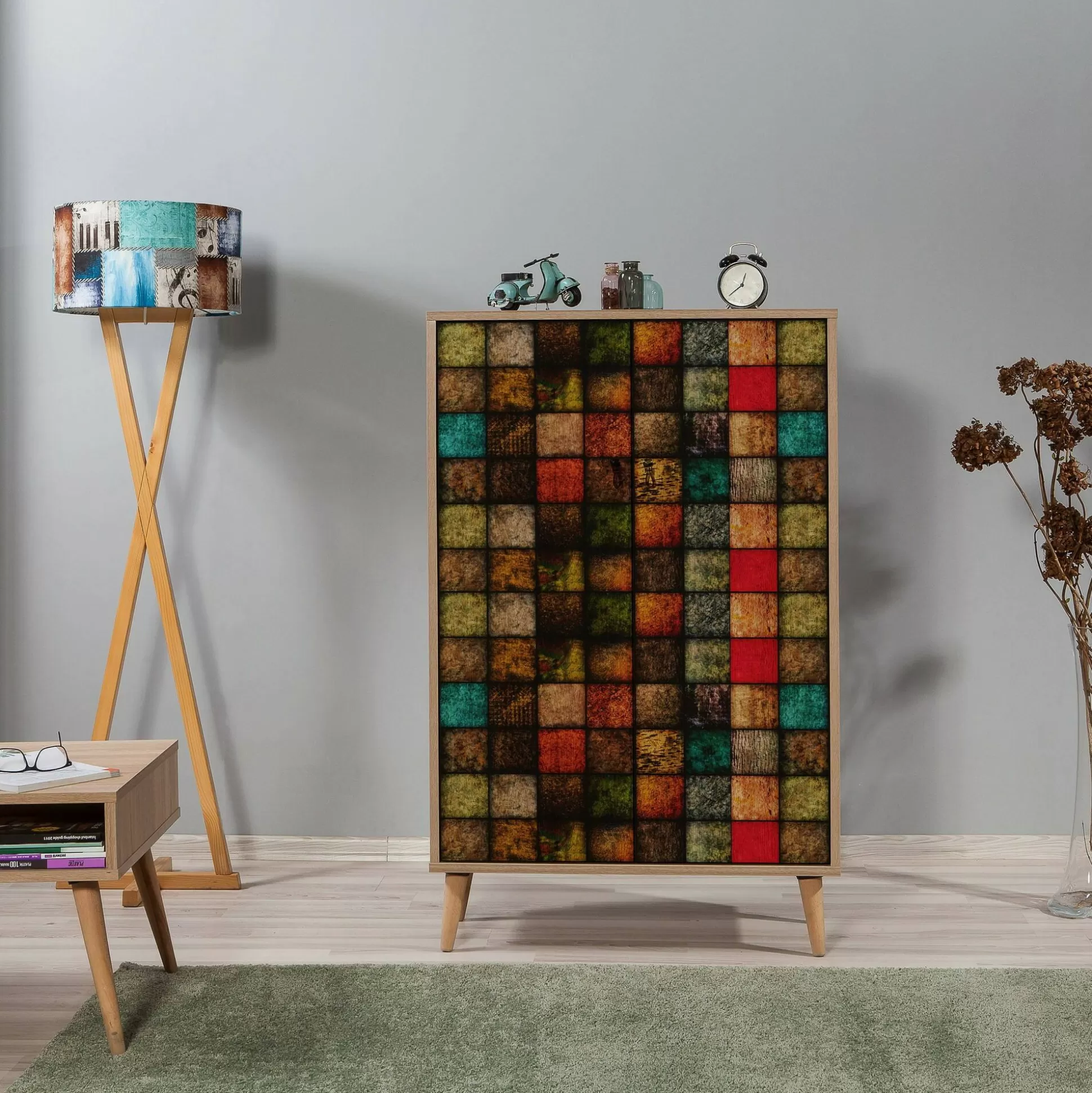 Dmora Credenze<Credenza Andalusite, 80x36h127 cm, Quercia e Multicolore