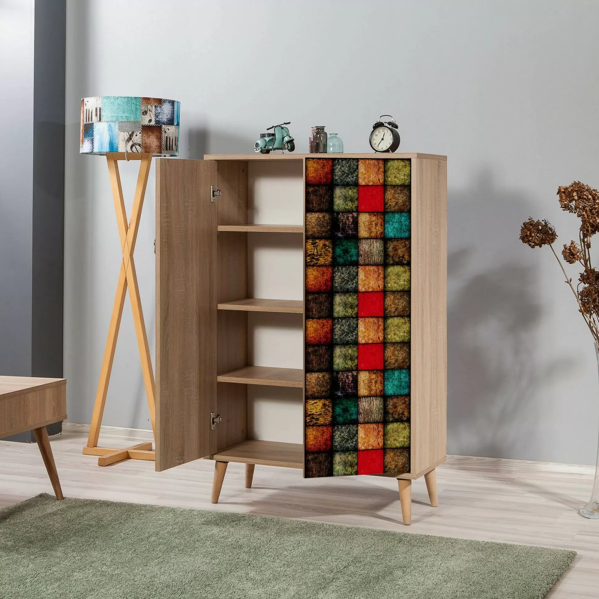 Dmora Credenze<Credenza Andalusite, 80x36h127 cm, Quercia e Multicolore