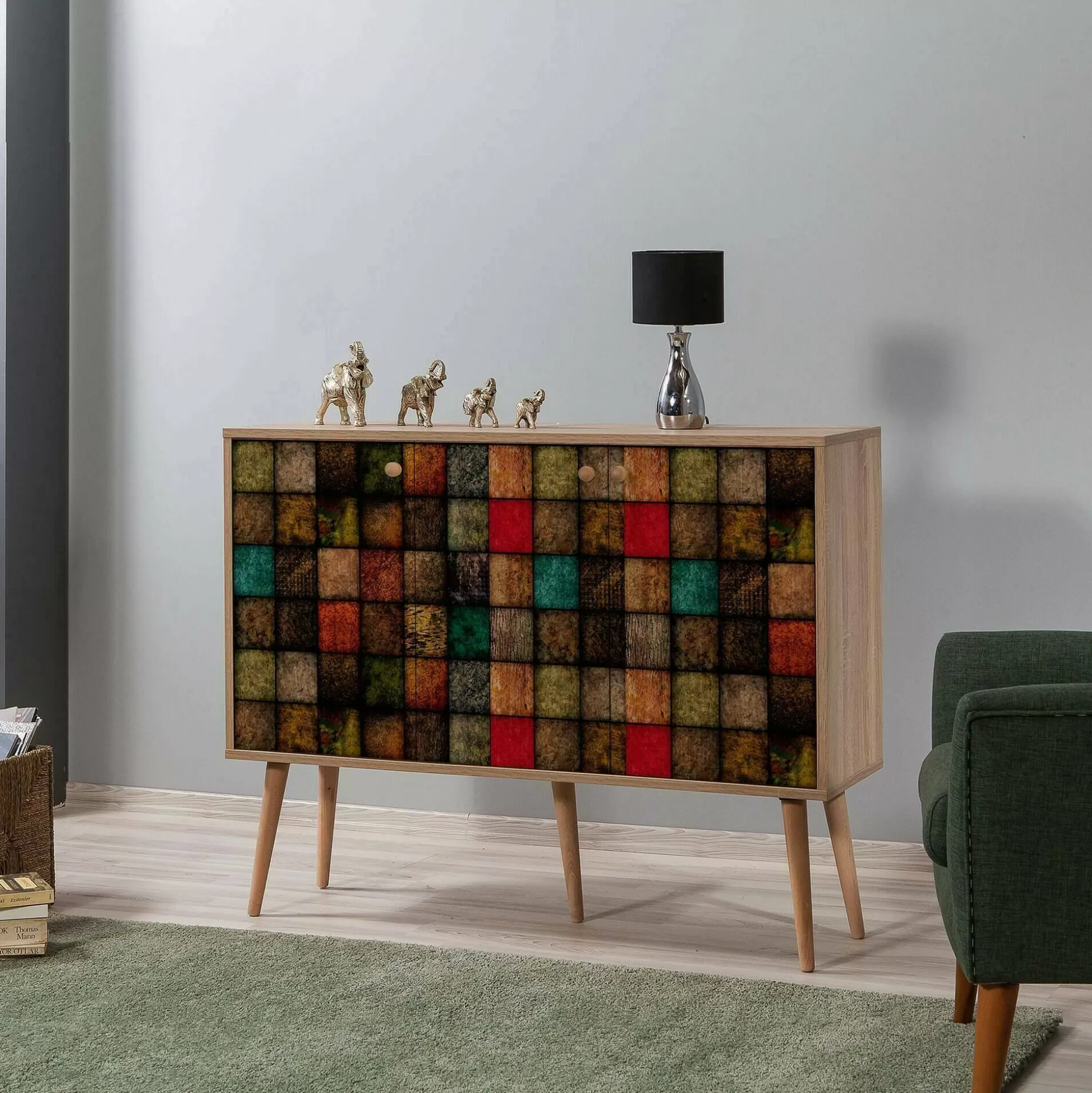 Dmora Credenze<Credenza Arzumia, 120x36h90 cm, Quercia e Multicolore