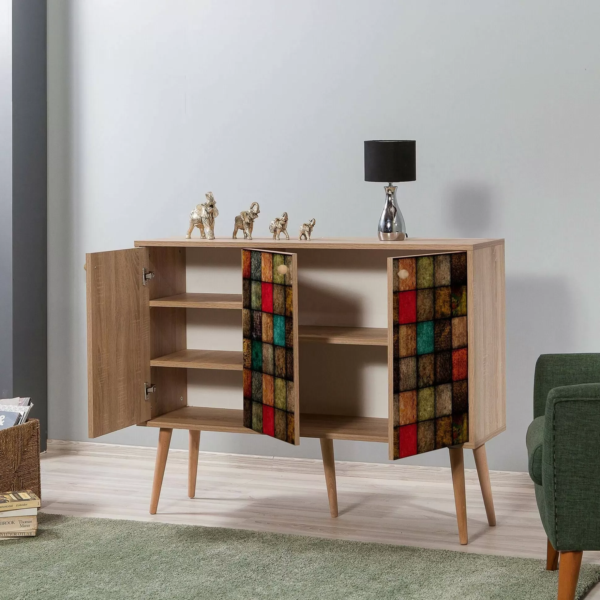 Dmora Credenze<Credenza Arzumia, 120x36h90 cm, Quercia e Multicolore