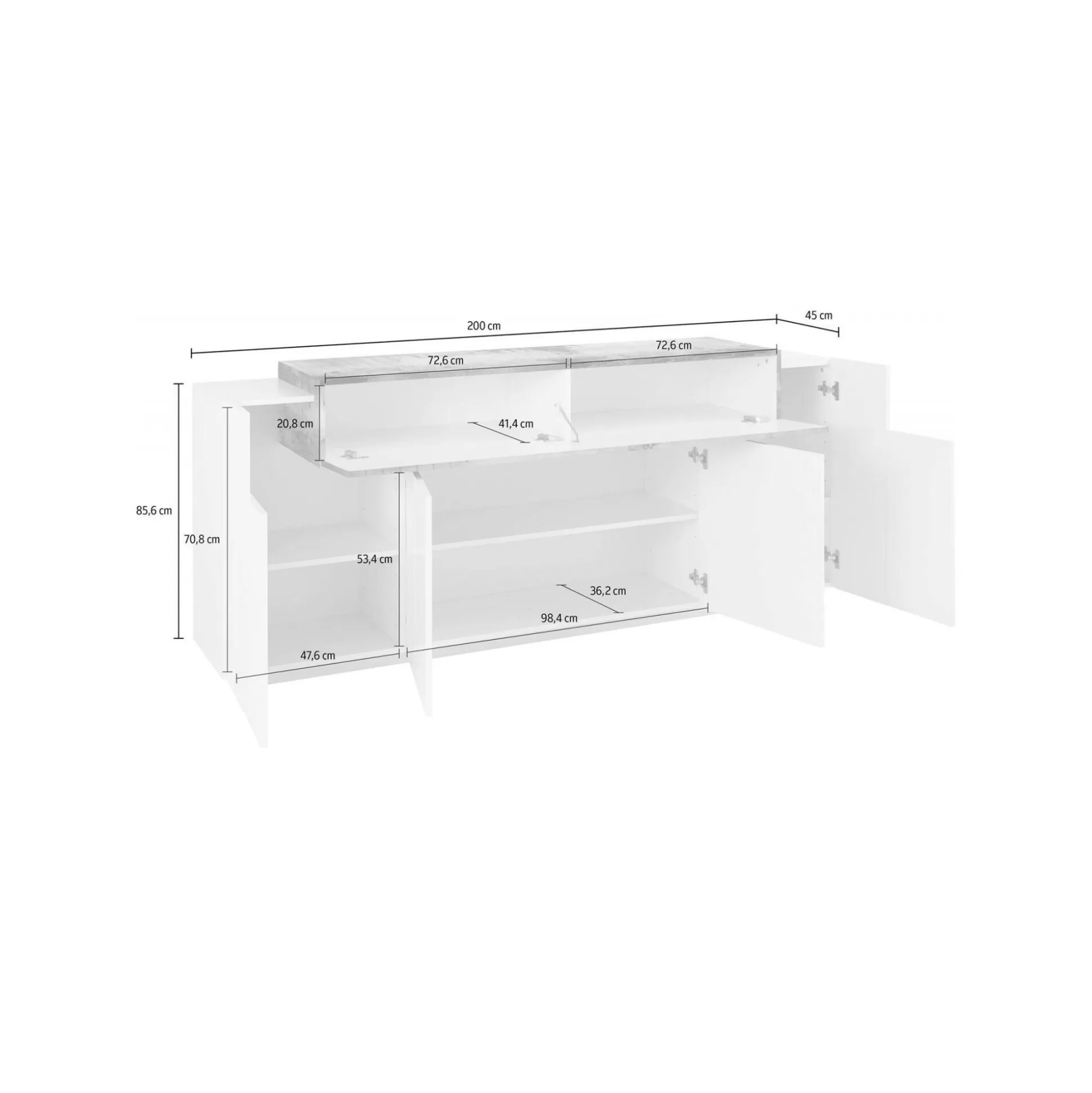 Dmora Credenze<Credenza Discordia, cm 200x45h86, Bianco lucido e Acero