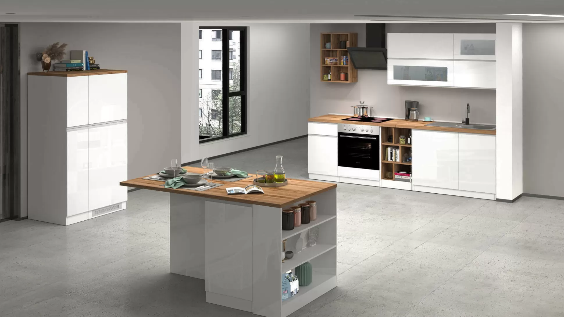 Dmora Cucine Complete<Cucina completa Armend, 100% Made in Italy, Bianco lucido e Rovere