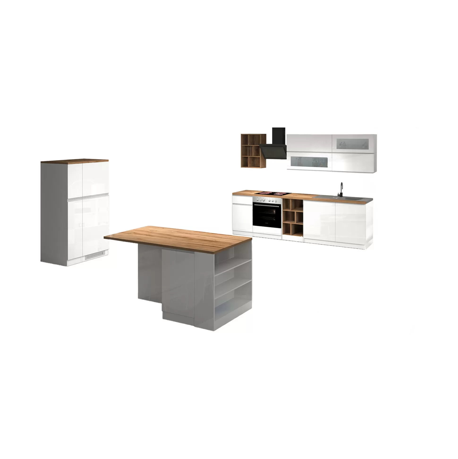 Dmora Cucine Complete<Cucina completa Armend, 100% Made in Italy, Bianco lucido e Rovere