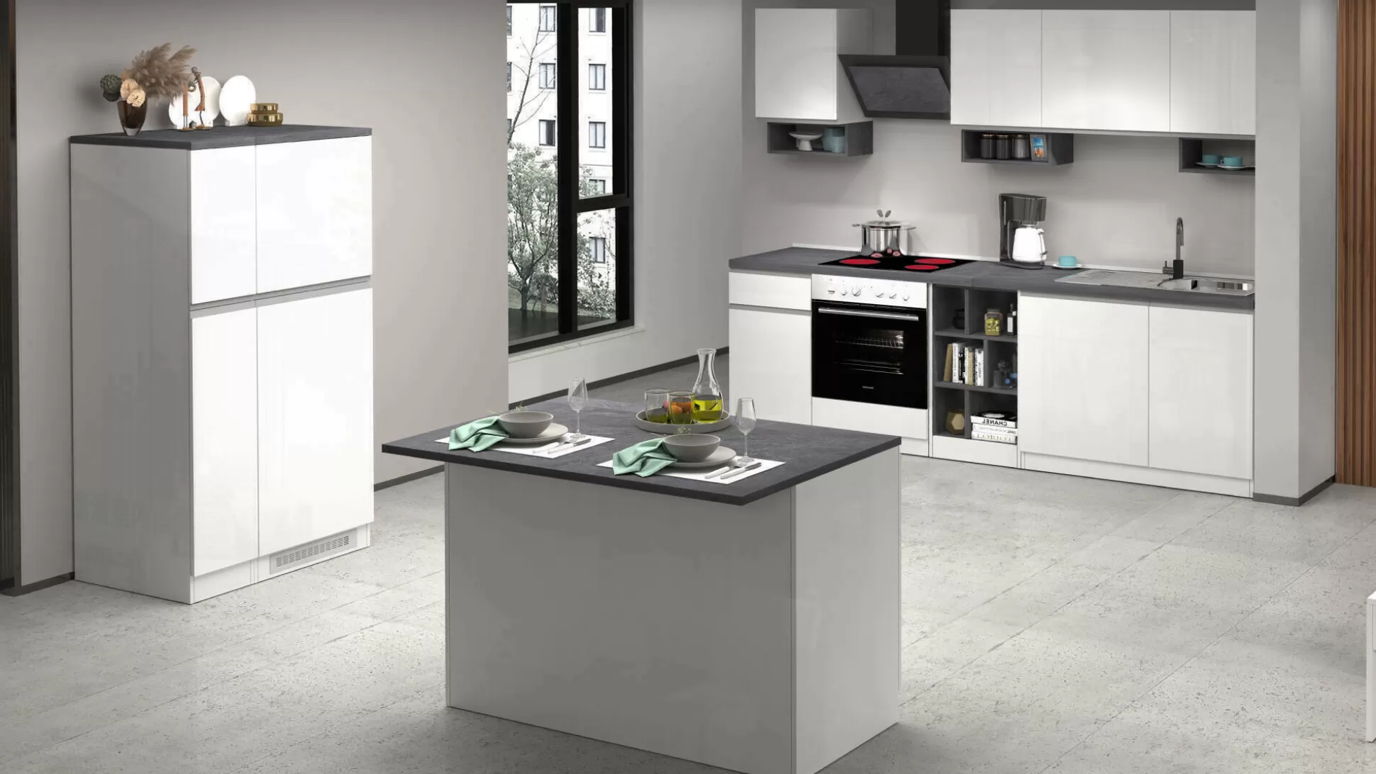 Dmora Cucine Complete<Cucina completa Balme, 100% Made in Italy, Bianco lucido e Ardesia