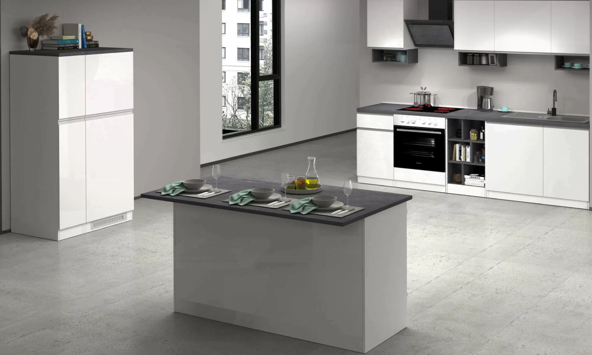 Dmora Cucine Complete<Cucina completa Balme, 100% Made in Italy, Bianco lucido e Ardesia