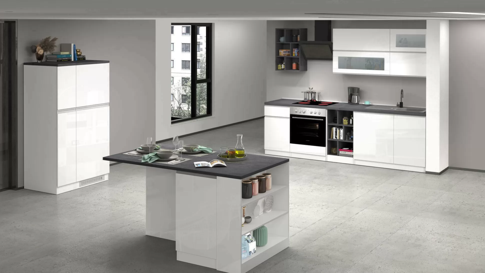 Dmora Cucine Complete<Cucina completa Dantenucc, 100% Made in Italy, Bianco lucido e Ardesia