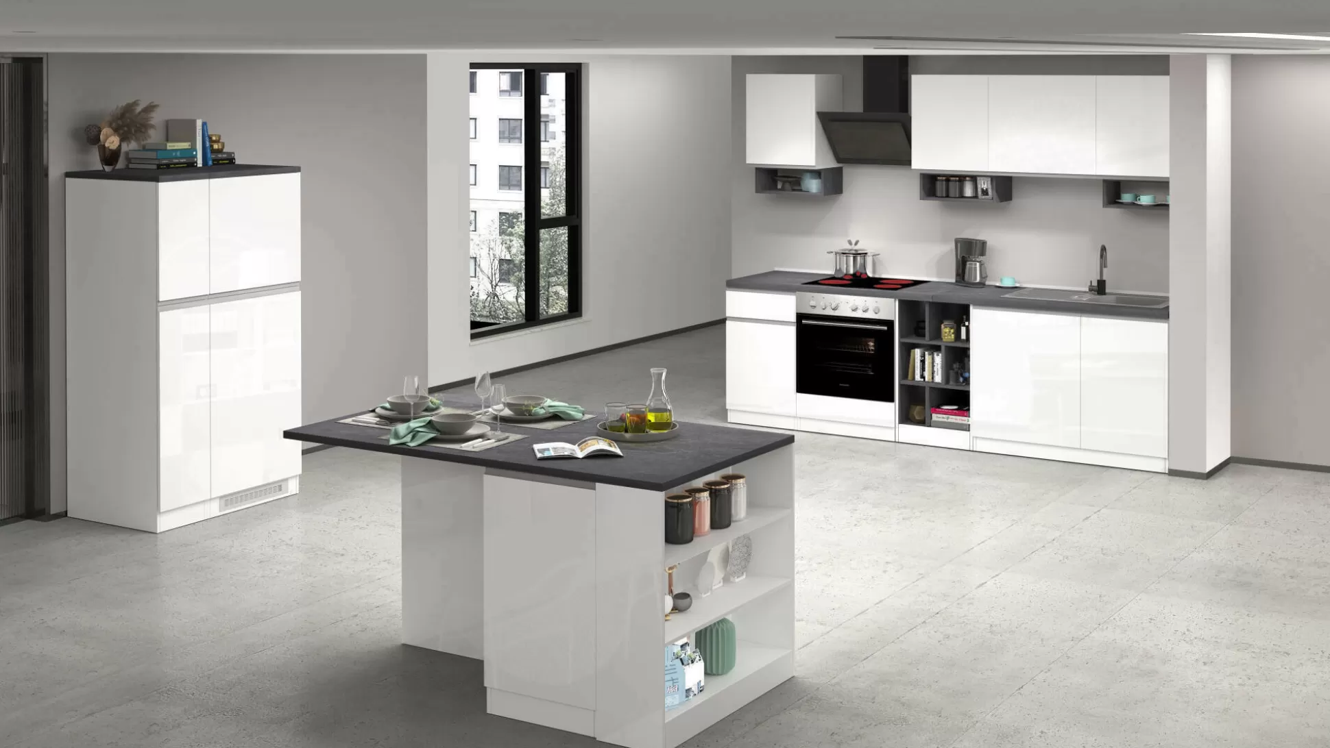 Dmora Cucine Complete<Cucina completa Dantenucc, 100% Made in Italy, Bianco lucido e Ardesia