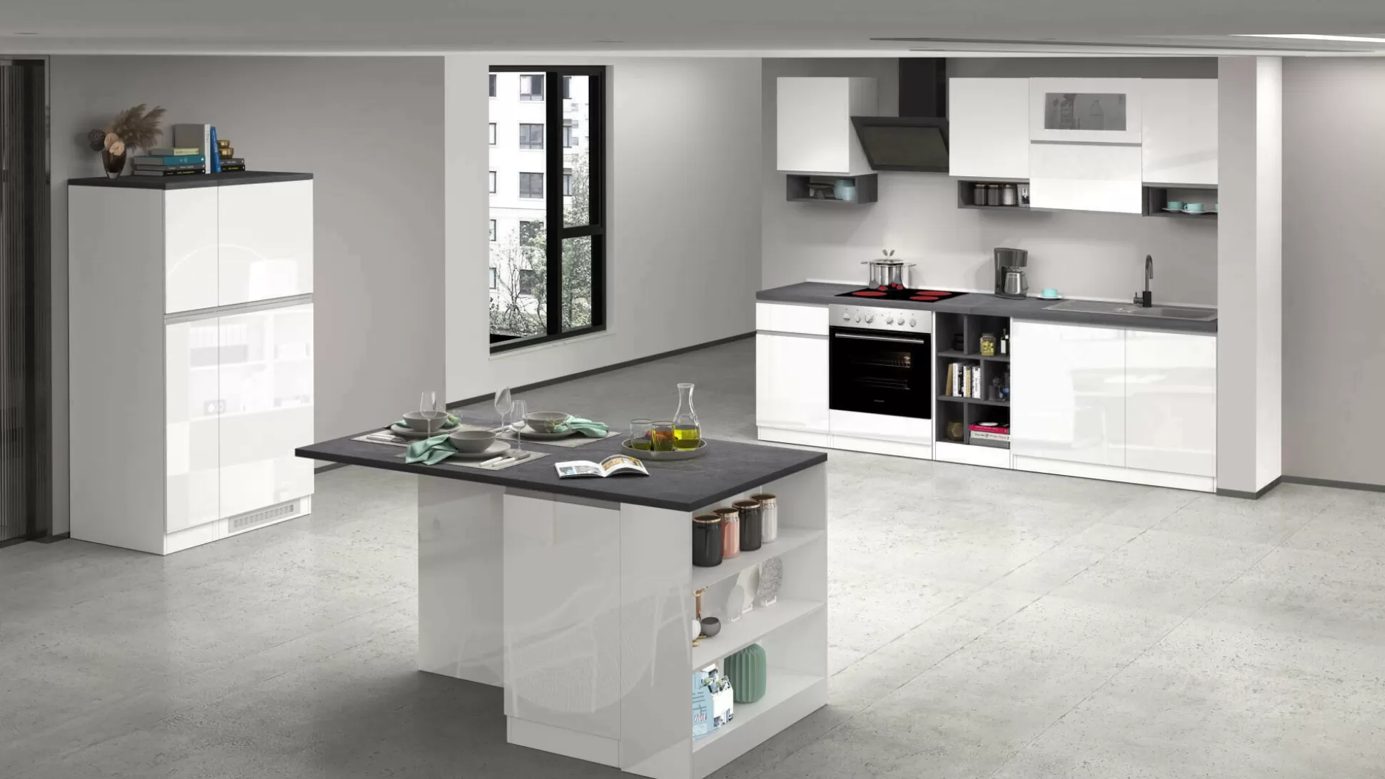 Dmora Cucine Complete<Cucina completa Dantenucc, 100% Made in Italy, Bianco lucido e Ardesia