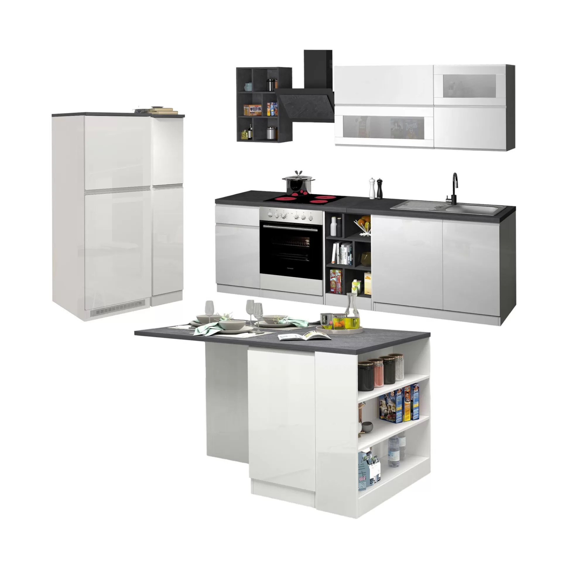 Dmora Cucine Complete<Cucina completa Dantenucc, 100% Made in Italy, Bianco lucido e Ardesia