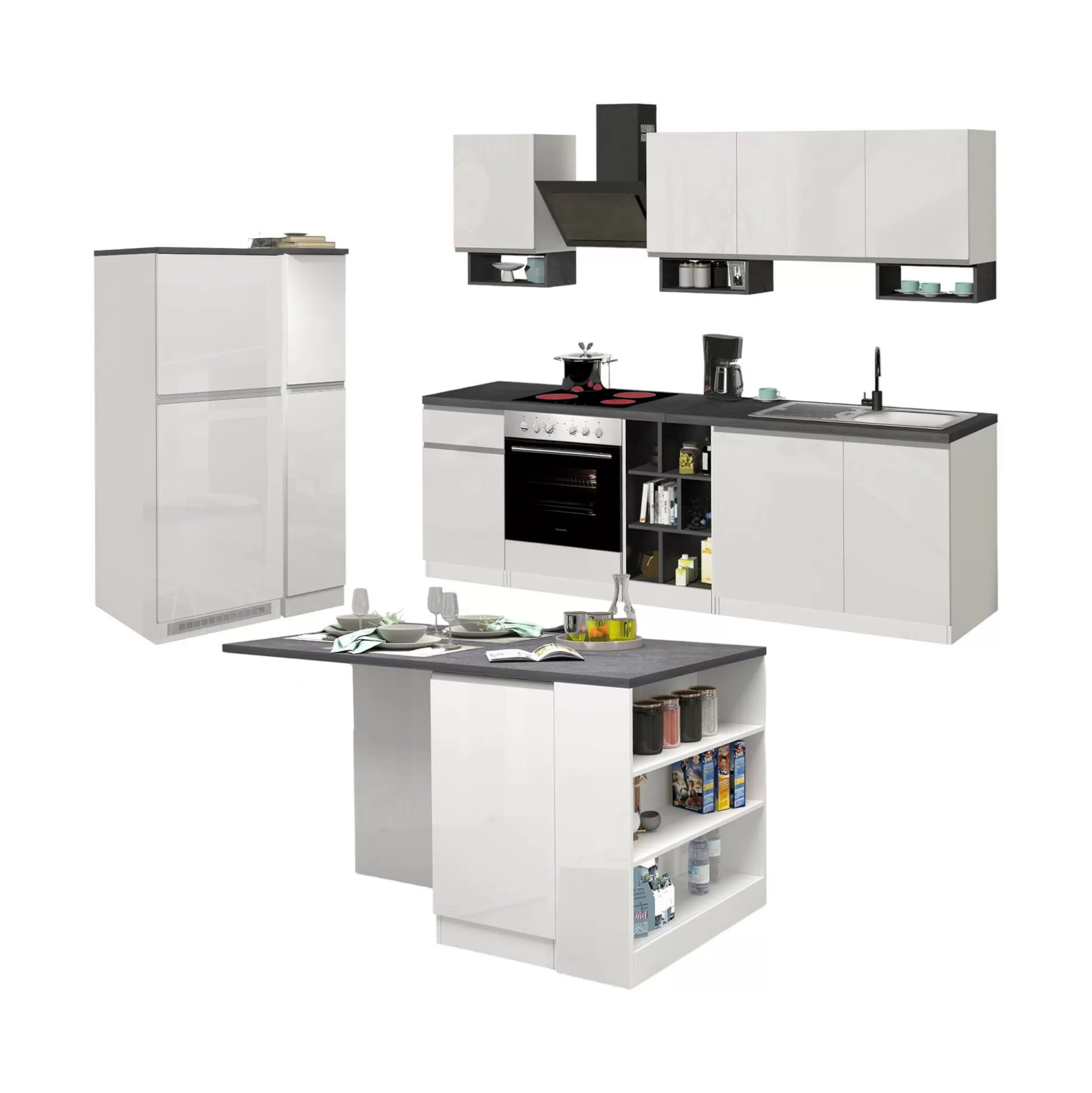 Dmora Cucine Complete<Cucina completa Dantenucc, 100% Made in Italy, Bianco lucido e Ardesia
