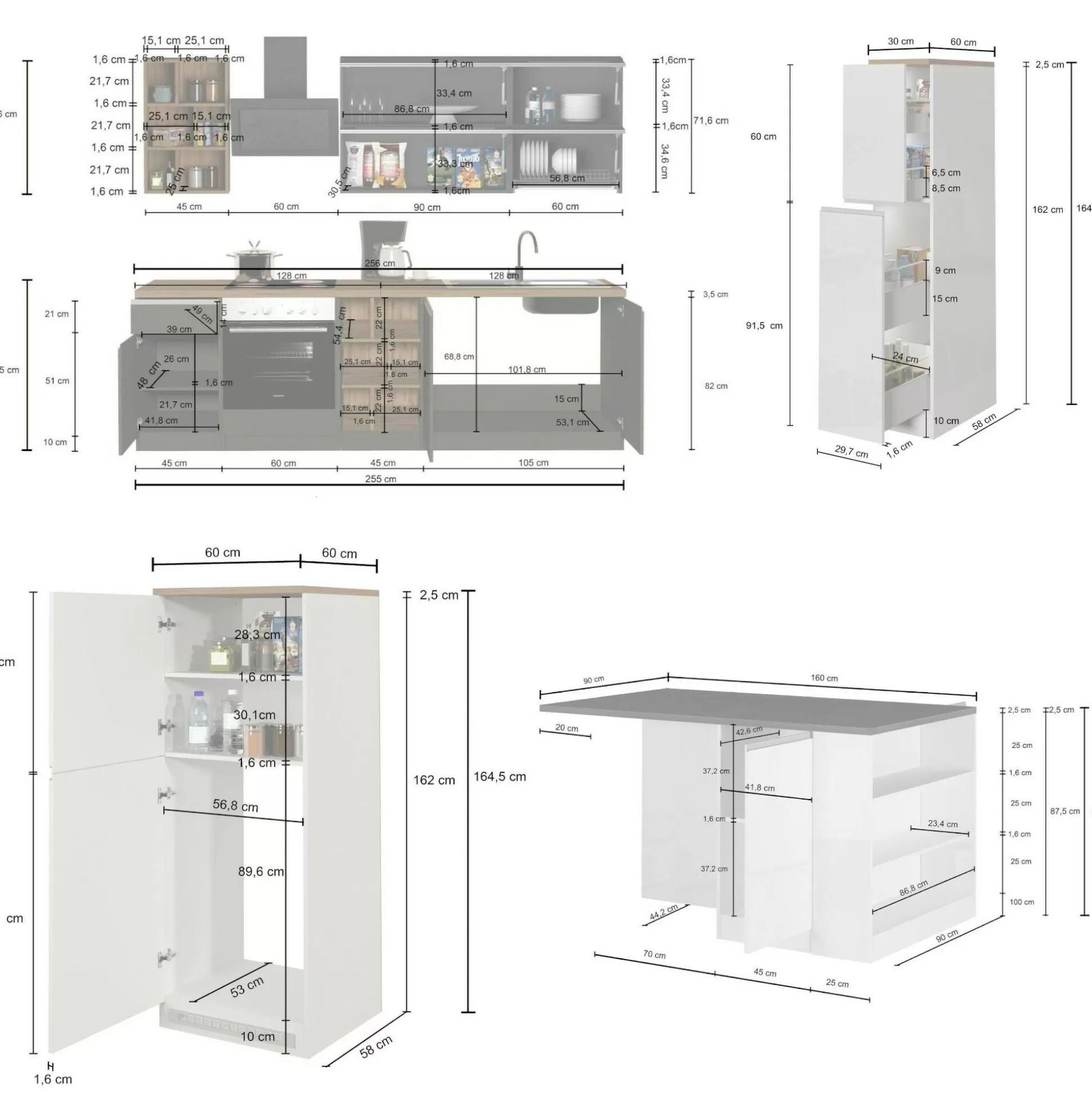 Dmora Cucine Complete<Cucina completa Dantenucc, 100% Made in Italy, Bianco lucido e Ardesia