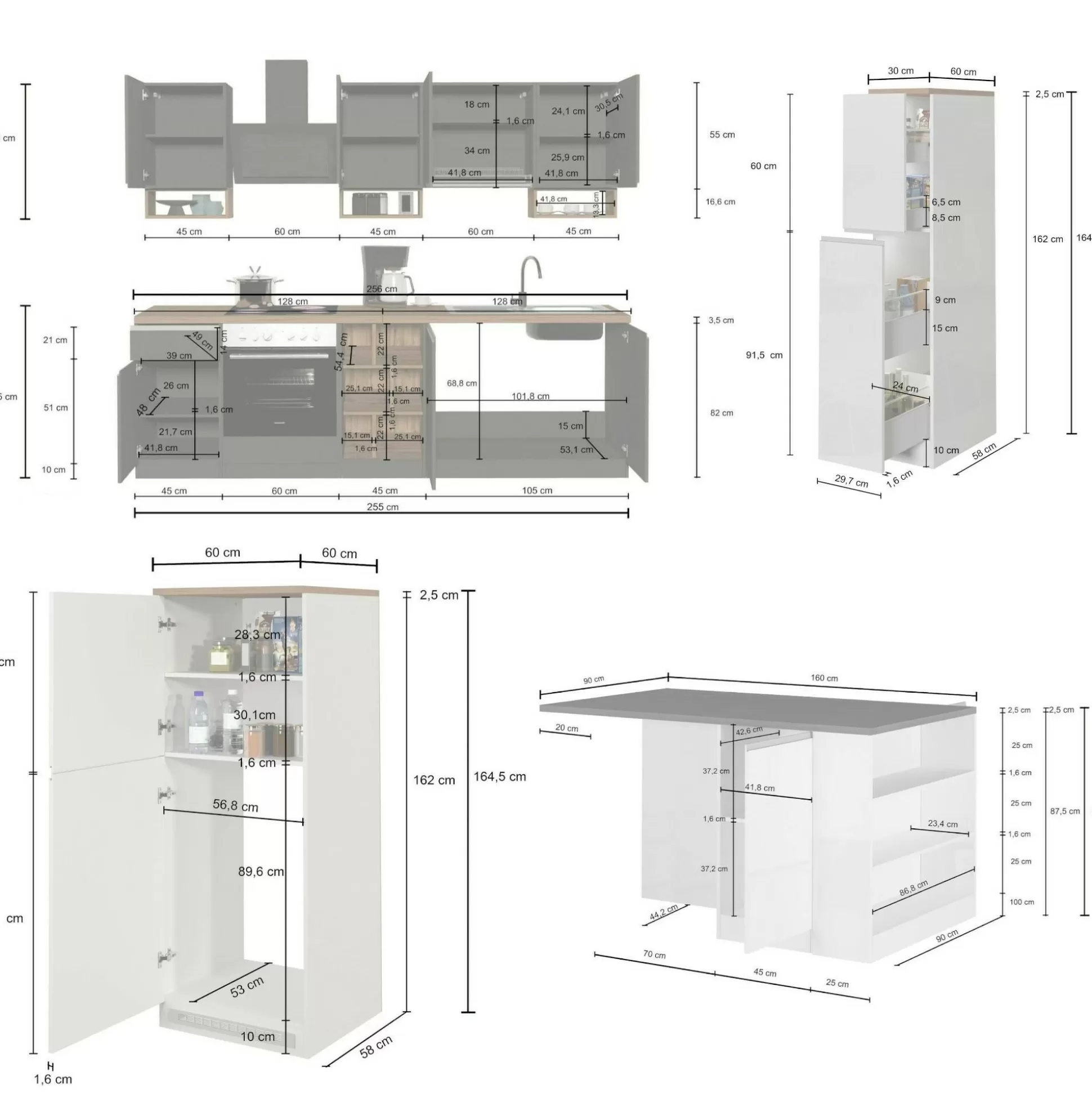 Dmora Cucine Complete<Cucina completa Dantenucc, 100% Made in Italy, Bianco lucido e Ardesia