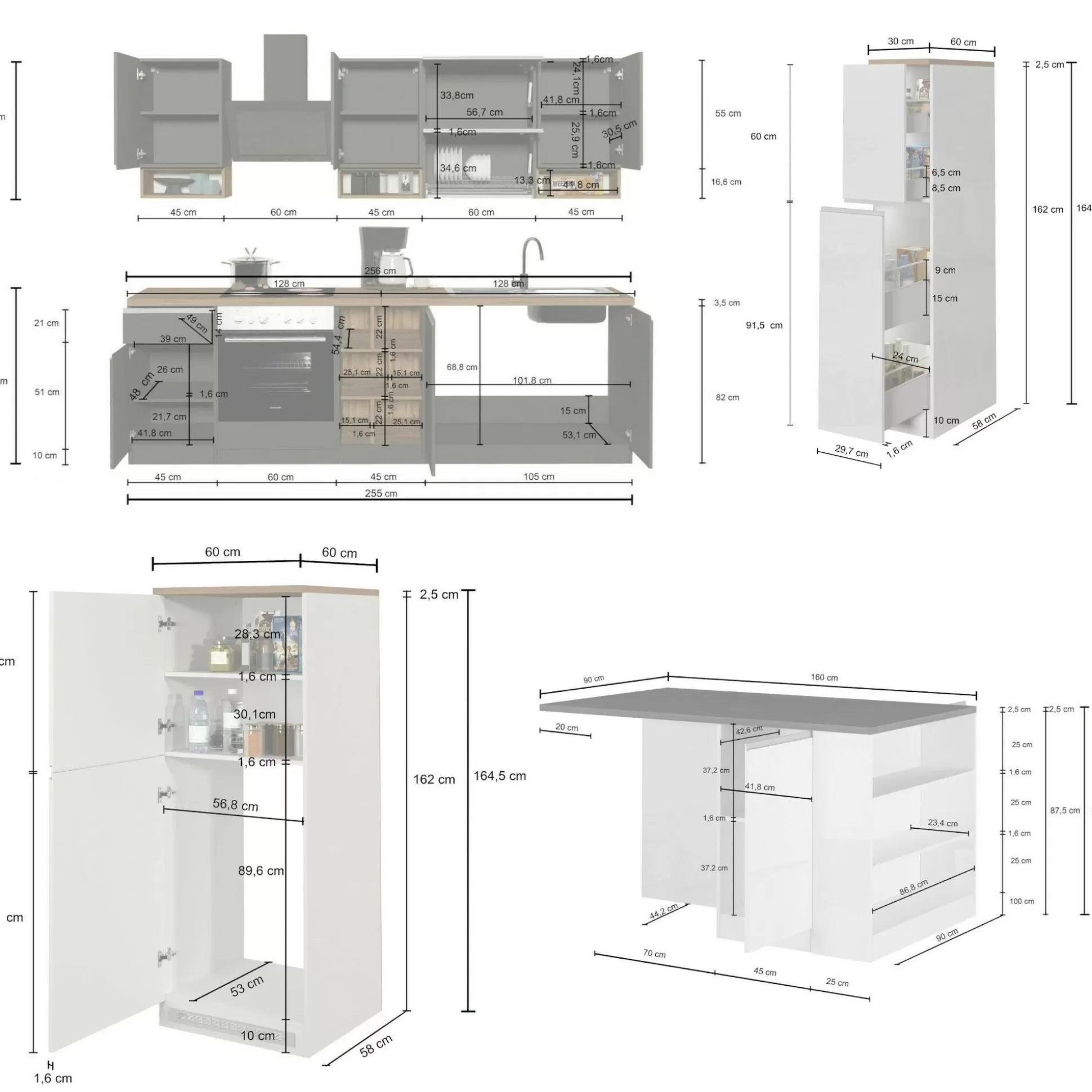 Dmora Cucine Complete<Cucina completa Dantenucc, 100% Made in Italy, Bianco lucido e Ardesia