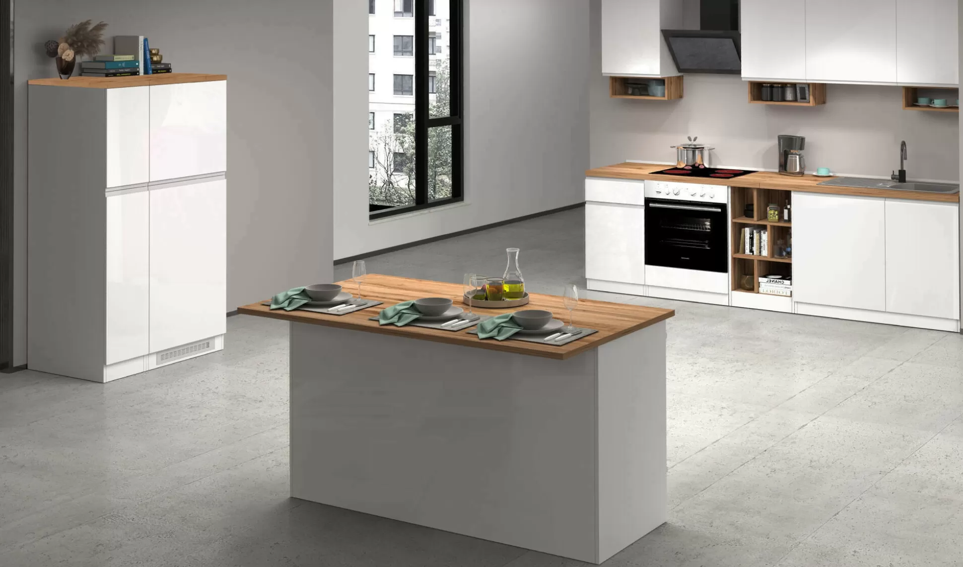 Dmora Cucine Complete<Cucina completa Daquilant, 100% Made in Italy, Bianco lucido e Rovere