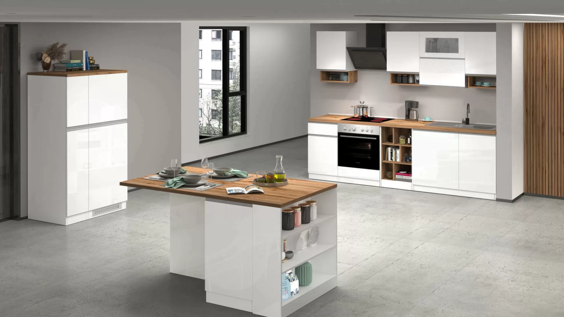 Dmora Cucine Complete<Cucina completa Daquilant, 100% Made in Italy, Bianco lucido e Rovere