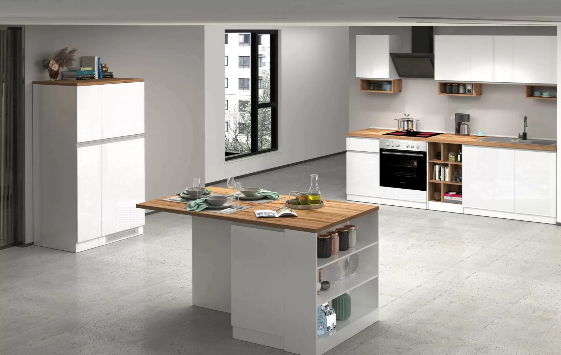 Dmora Cucine Complete<Cucina completa Daquilant, 100% Made in Italy, Bianco lucido e Rovere