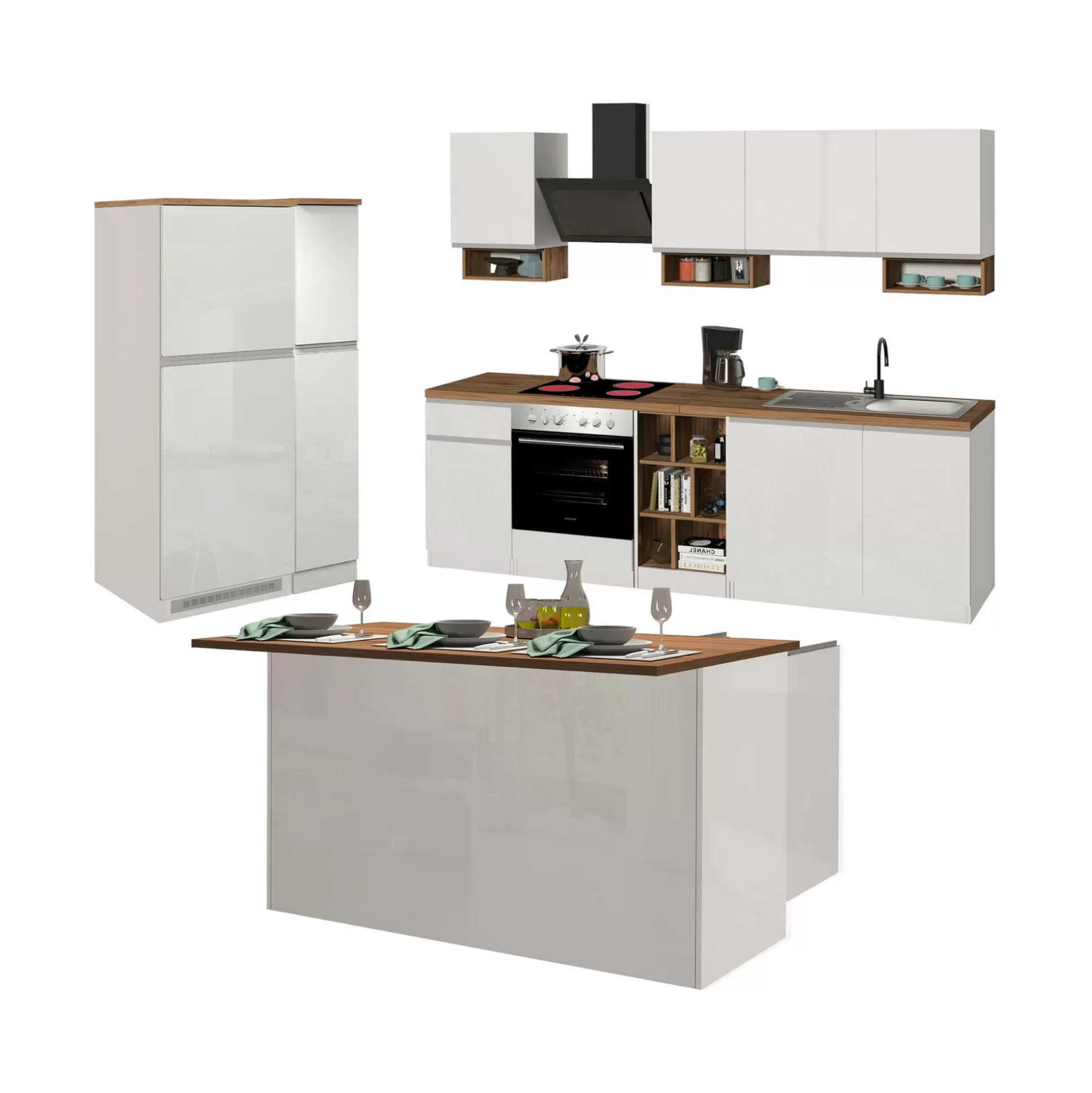 Dmora Cucine Complete<Cucina completa Daquilant, 100% Made in Italy, Bianco lucido e Rovere