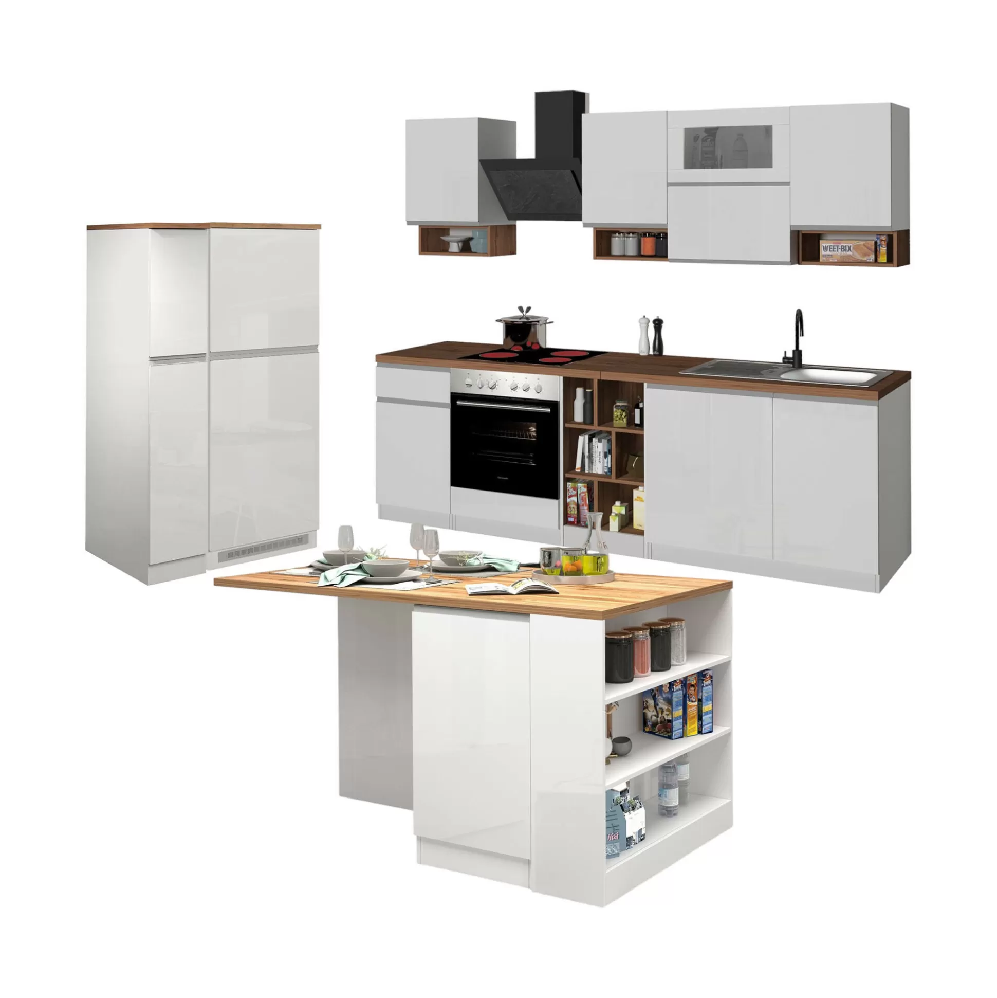 Dmora Cucine Complete<Cucina completa Daquilant, 100% Made in Italy, Bianco lucido e Rovere