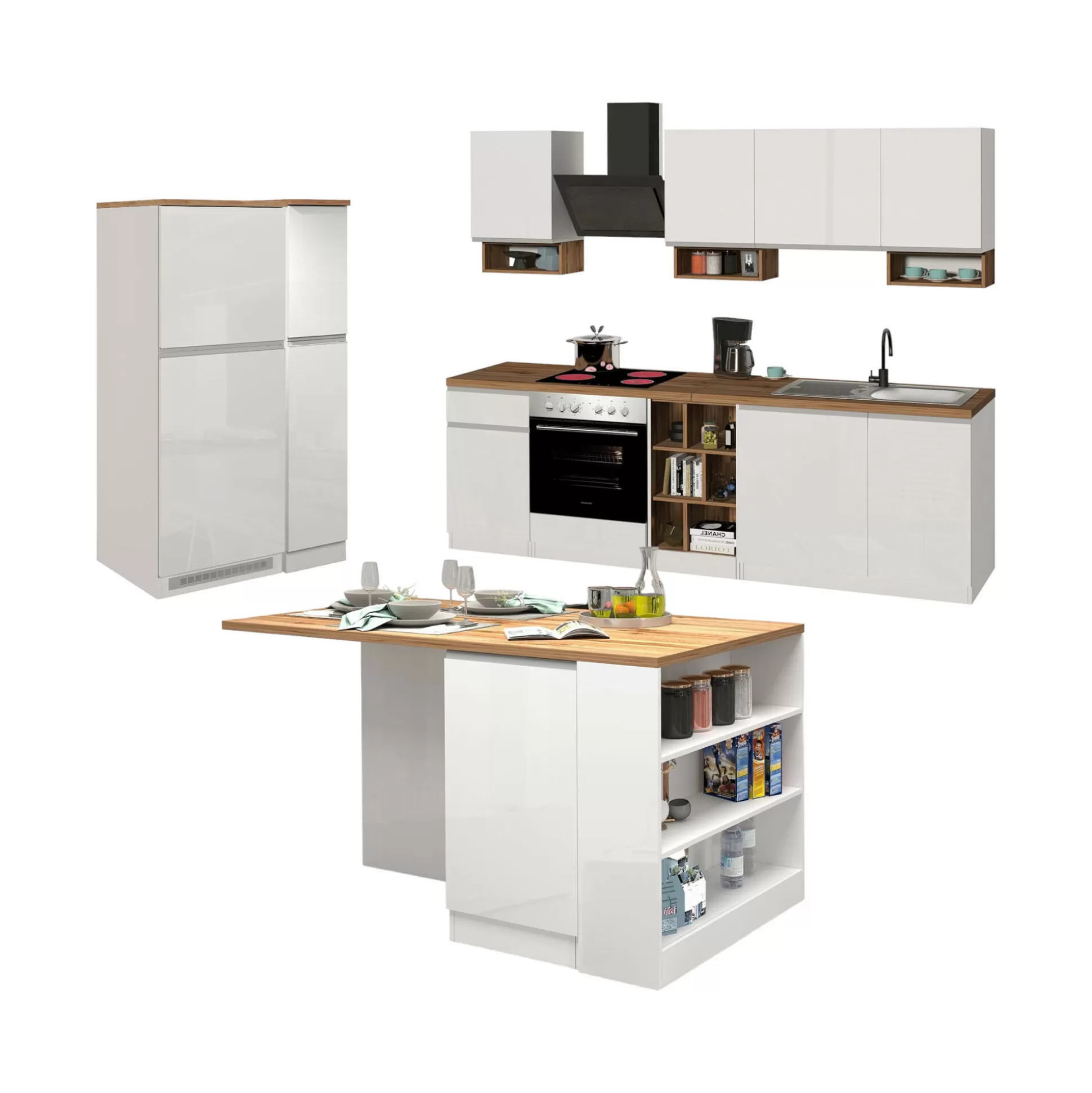 Dmora Cucine Complete<Cucina completa Daquilant, 100% Made in Italy, Bianco lucido e Rovere