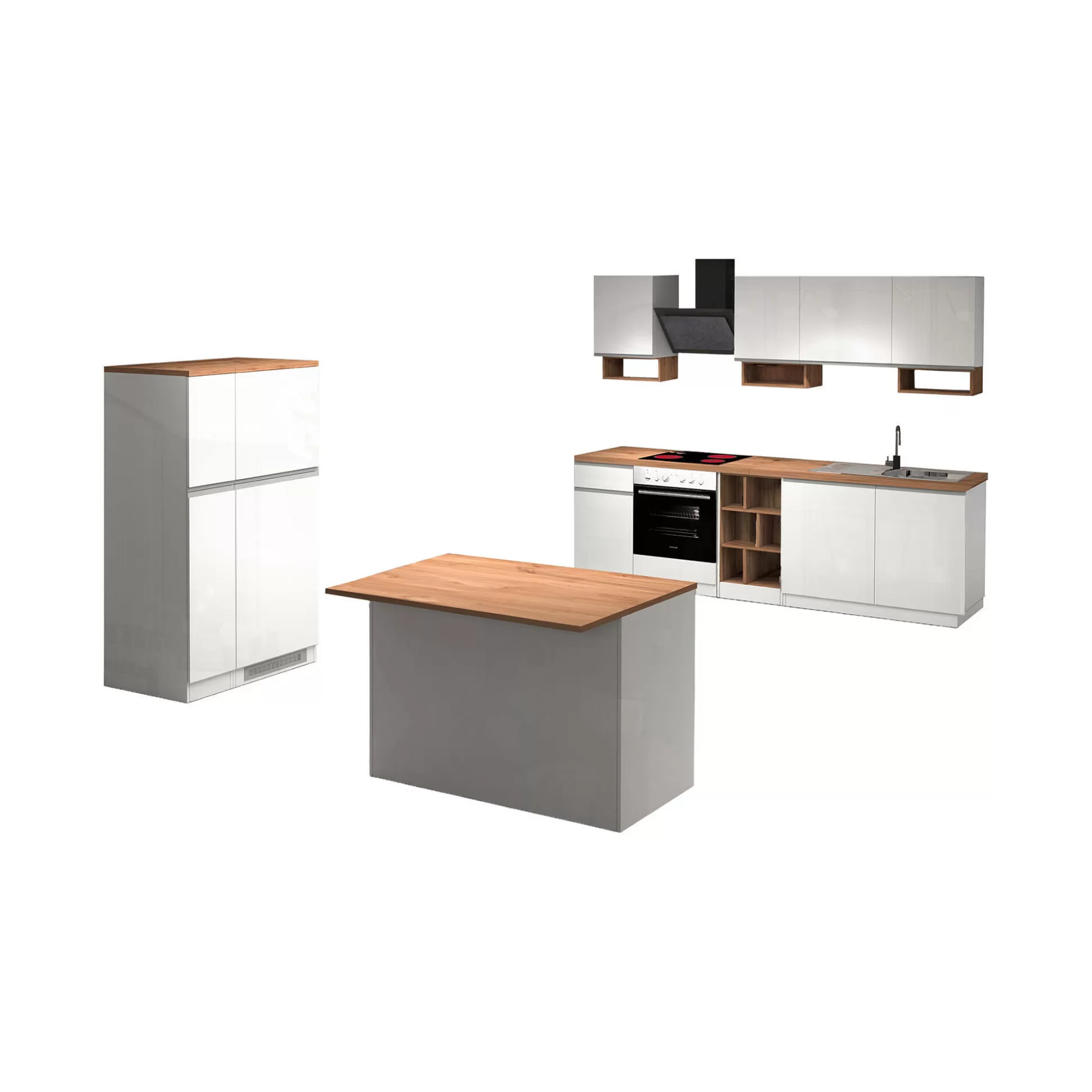 Dmora Cucine Complete<Cucina completa Daquilant, 100% Made in Italy, Bianco lucido e Rovere