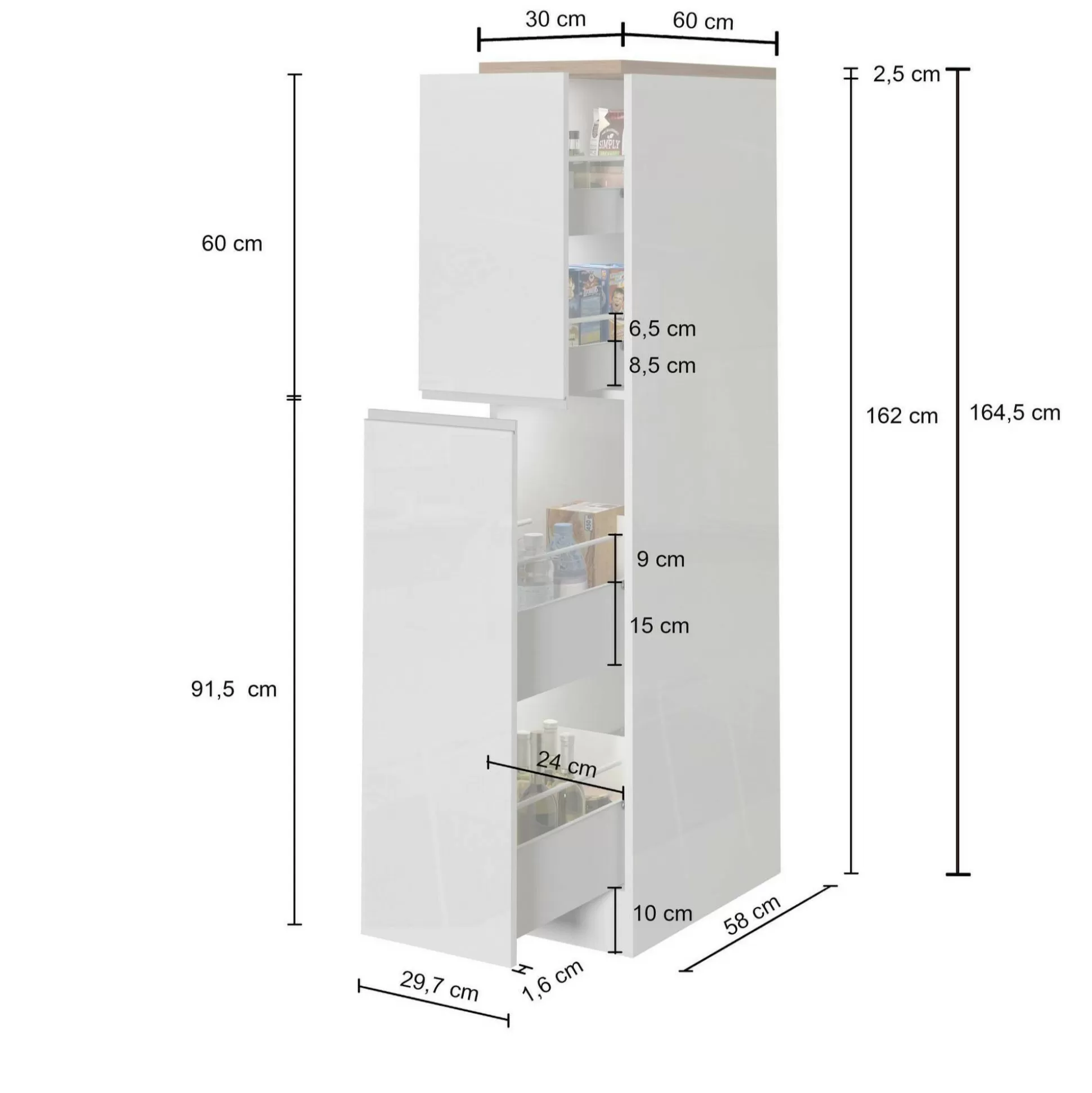 Dmora Mobili Dispensa<Dispensa da cucina Atrax, 30x60h165 cm, Bianco lucido e Ardesia