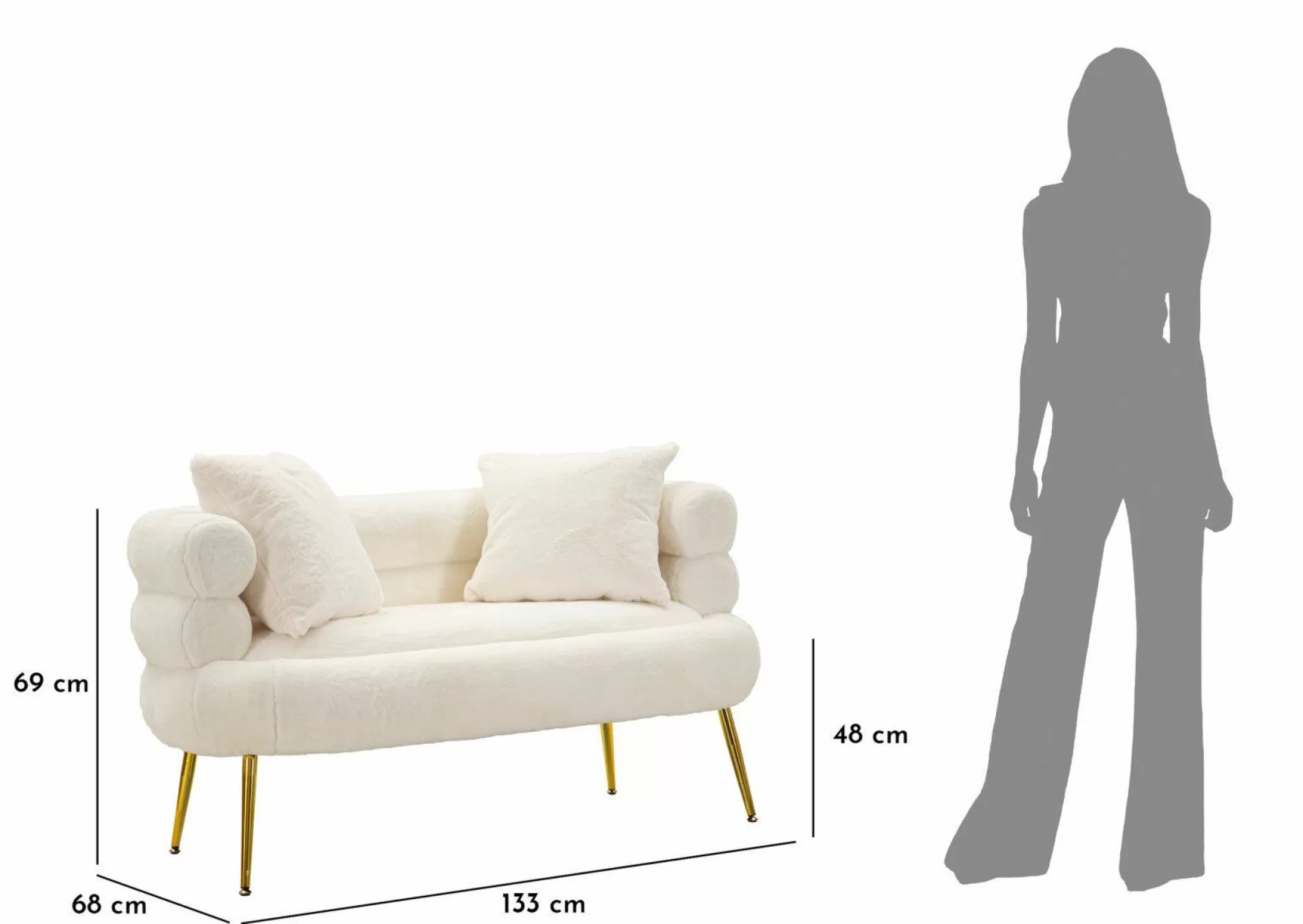 Dmora Divani Fissi 2 Posti<Divano fisso 2 posti Casier, 133x68 h69 cm, Bianco e Oro