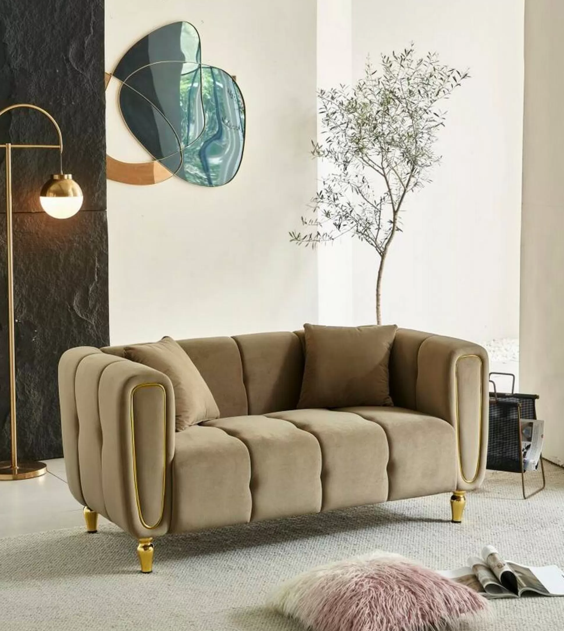 Dmora Divani Fissi 2 Posti<Divano fisso 2 posti Gandolfo, 81x155 h71 cm, Grigio e Oro