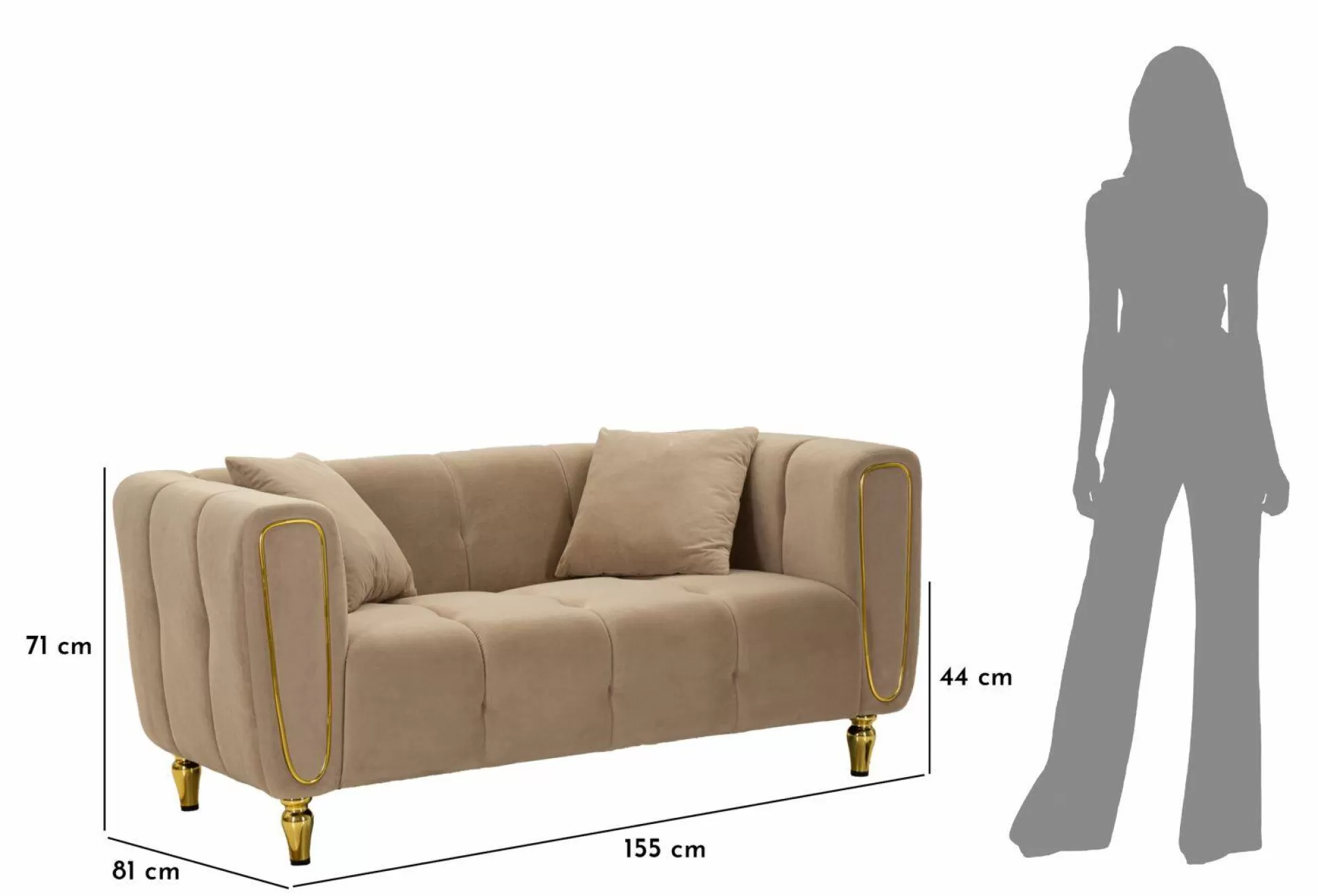 Dmora Divani Fissi 2 Posti<Divano fisso 2 posti Gandolfo, 81x155 h71 cm, Grigio e Oro