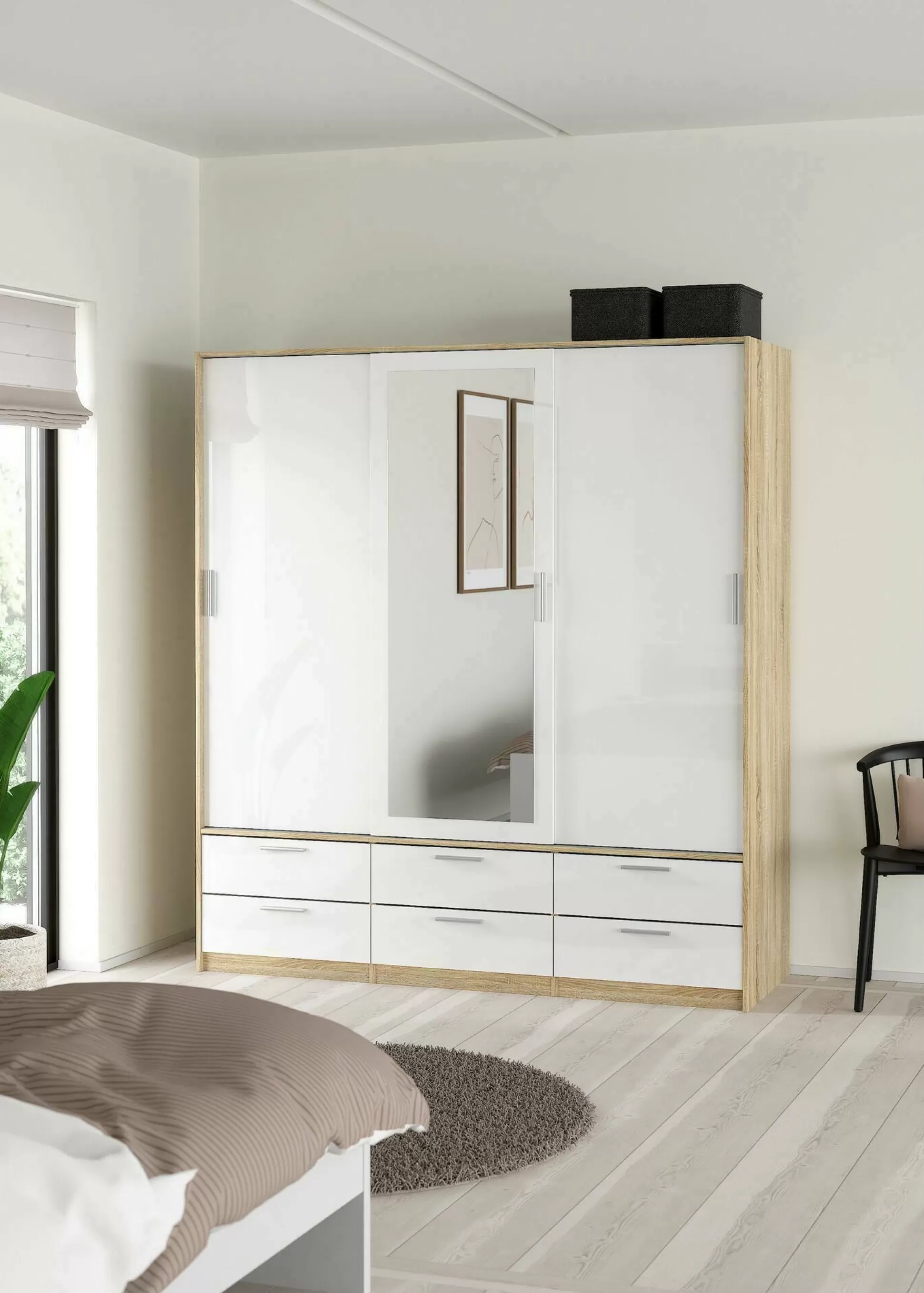 Dmora Guardaroba 3 Ante<Guardaroba 3 ante Anabelle, Mobile camera da letto, Cabina armadio portabiti, Armadio appendiabiti, 181x60 h200 cm, Quercia e Bianco