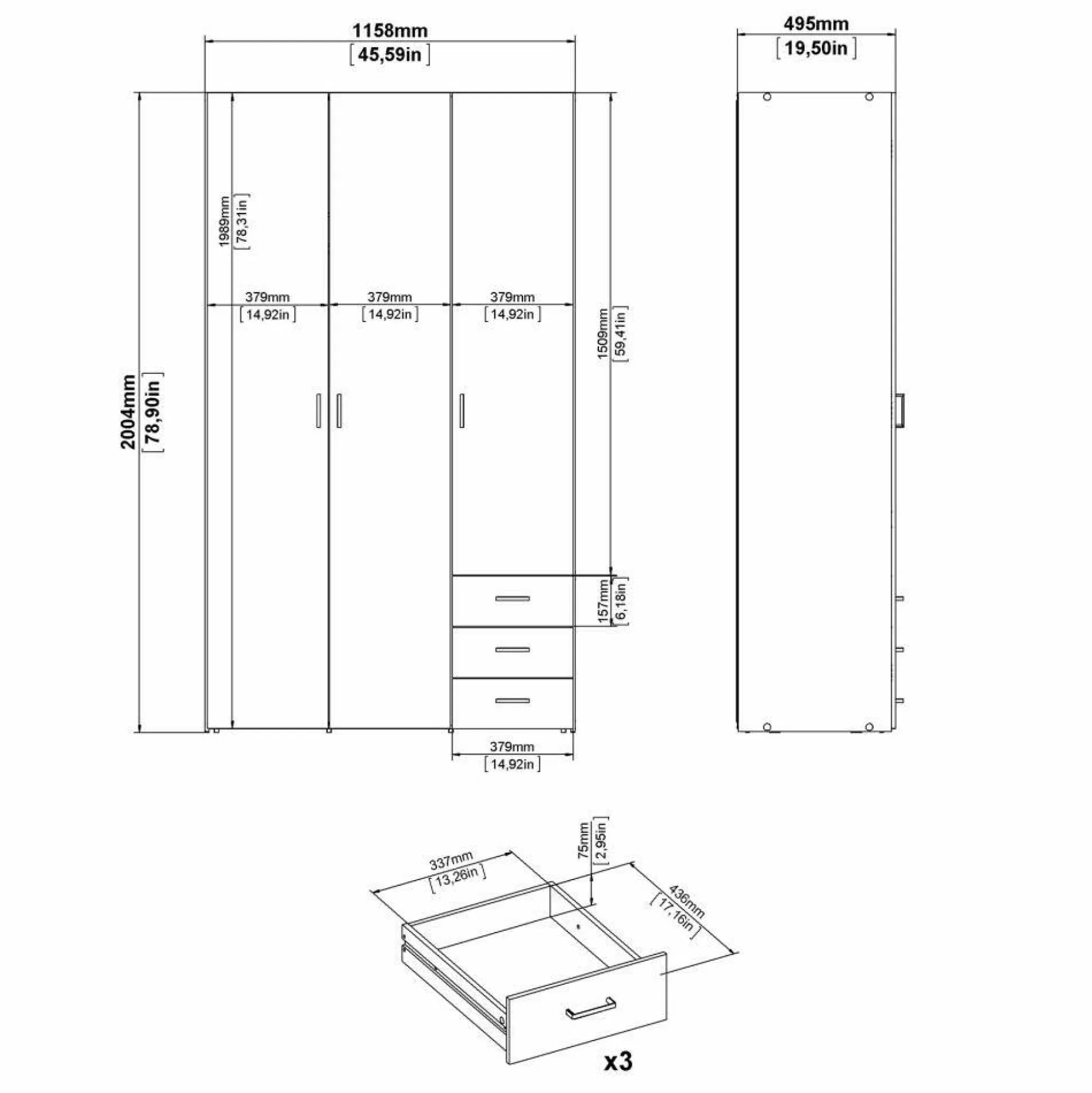 Dmora Guardaroba 3 Ante<Guardaroba 3 ante Suzette, Mobile camera da letto, Cabina armadio portabiti, Armadio appendiabiti, 116x50 h200 cm, Bianco