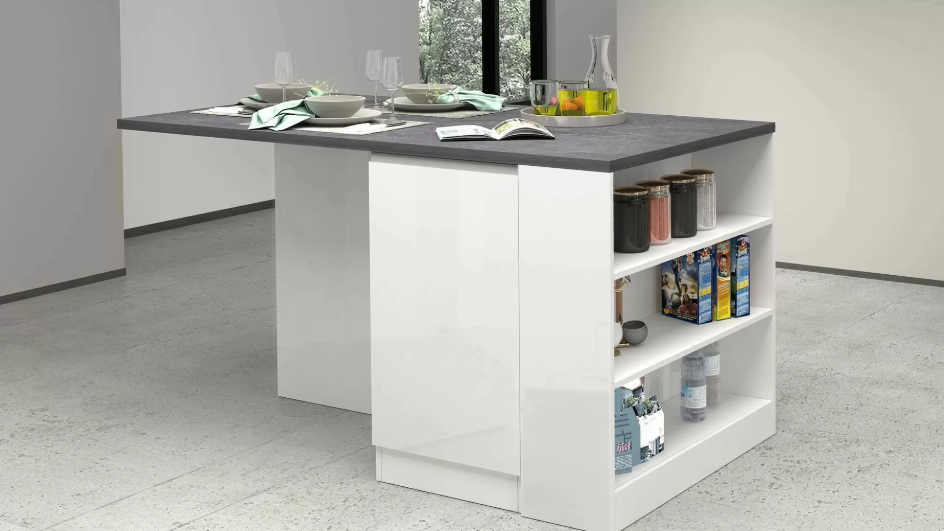 Dmora Mobili Dispensa<Isola da cucina Abern, 160x90h90 cm, Bianco lucido e Ardesia