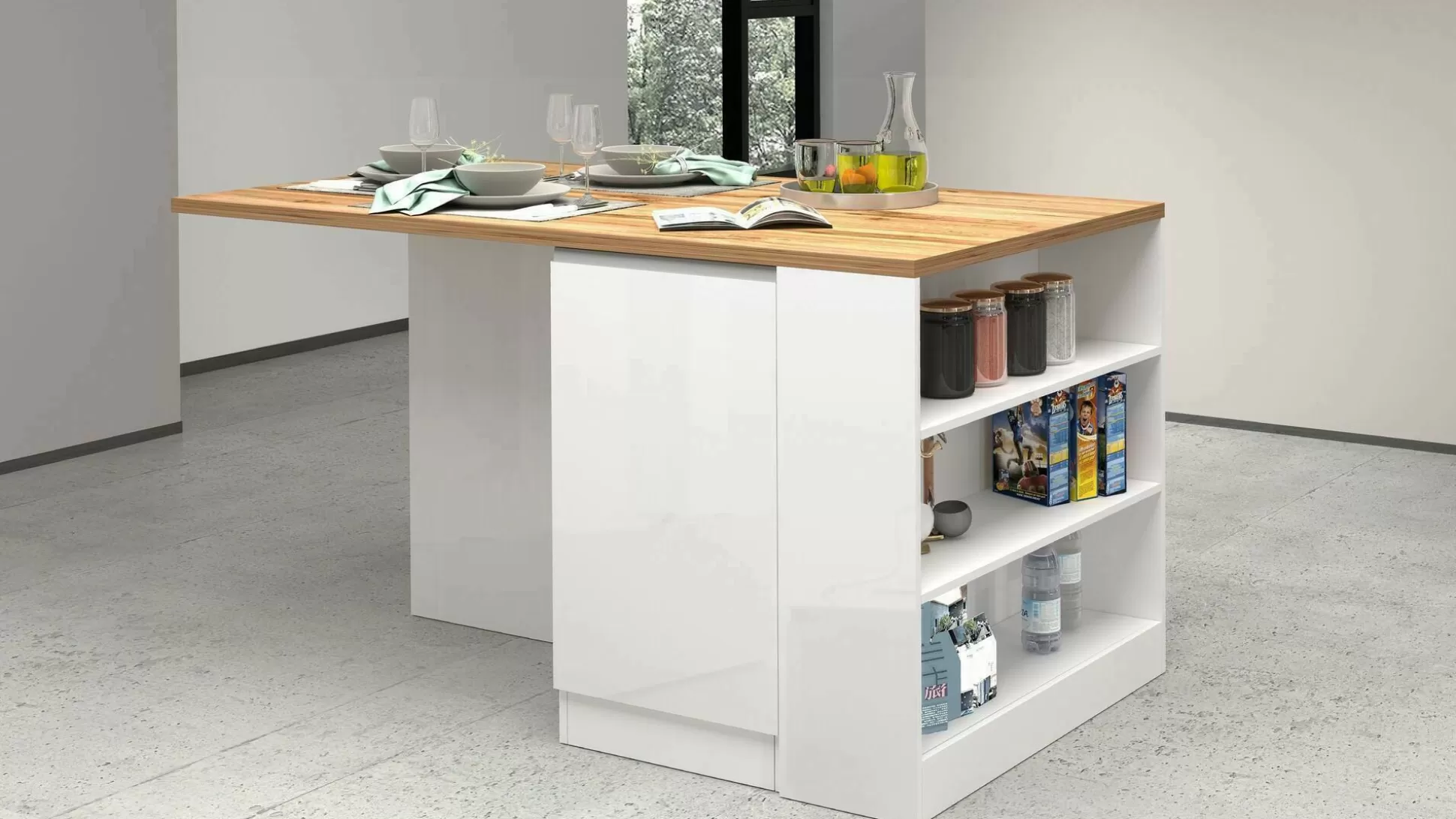 Dmora Mobili Dispensa<Isola da cucina Abern, 160x90h90 cm, Bianco lucido e Rovere