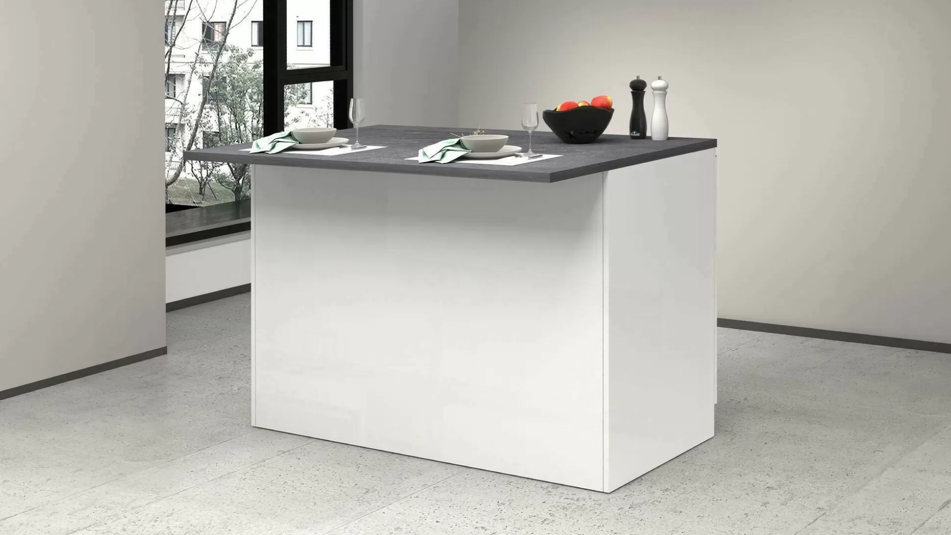 Dmora Mobili Dispensa<Isola da cucina Daffaticat, 125x90h90 cm, Bianco lucido e Ardesia
